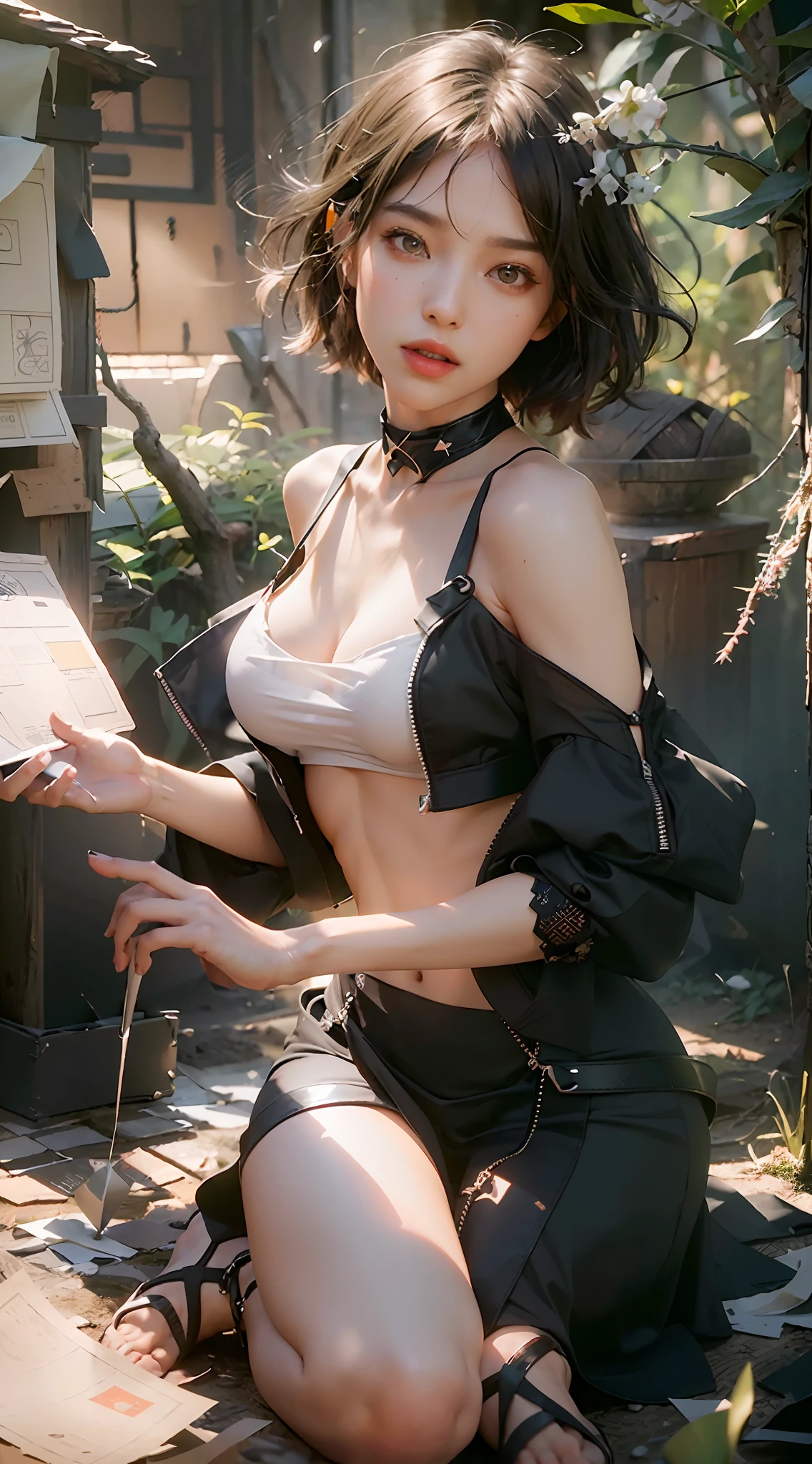 (Best Quality), ((Masterpiece)), (Details: 1.4 pieces), 3D, Beautiful Pure Beauty, (Black Crop Top: 1.9), (Sandals: 1.6), HDR (High Dynamic Range), Ray Tracing, NVIDIA RTX, Super Resolution, Unreal 5 Pieces, Subsurface Scattering, PBR Textures, Post Processing, Anisotropic Filtering, Depth of Field, Maximum Clarity and Sharpness, Multi-layer Textures, Albedo and Highlight Maps, Surface Coloring, Accurate Simulation of Mitsu-Material Interactions, Perfect Ratio Ratio, Octane Rendering, Two-color Light, Large Aperture, Low ISO, White Balance, Rule of Thirds, 8K RAW,
