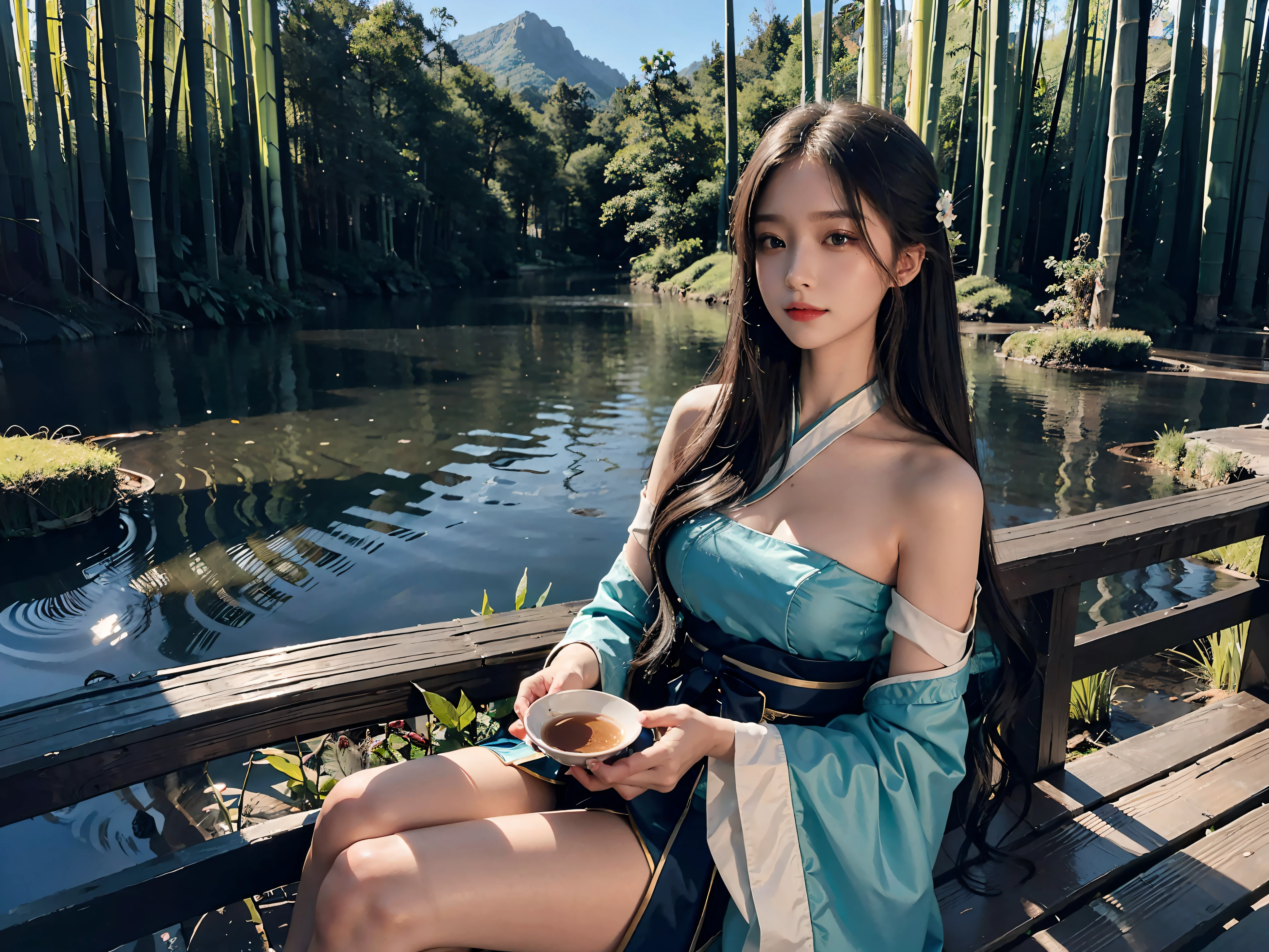 "An official art masterpiece that boasts the best quality. Extremely detailed 8k wallpaper featuring a girl with azure long hair, highly detailed eyes, and bare shoulders. Placed against a serene forest, she wears a beautiful Hanfu and has a pure, soft smile while surrounded by lakes, bamboo, and tea."