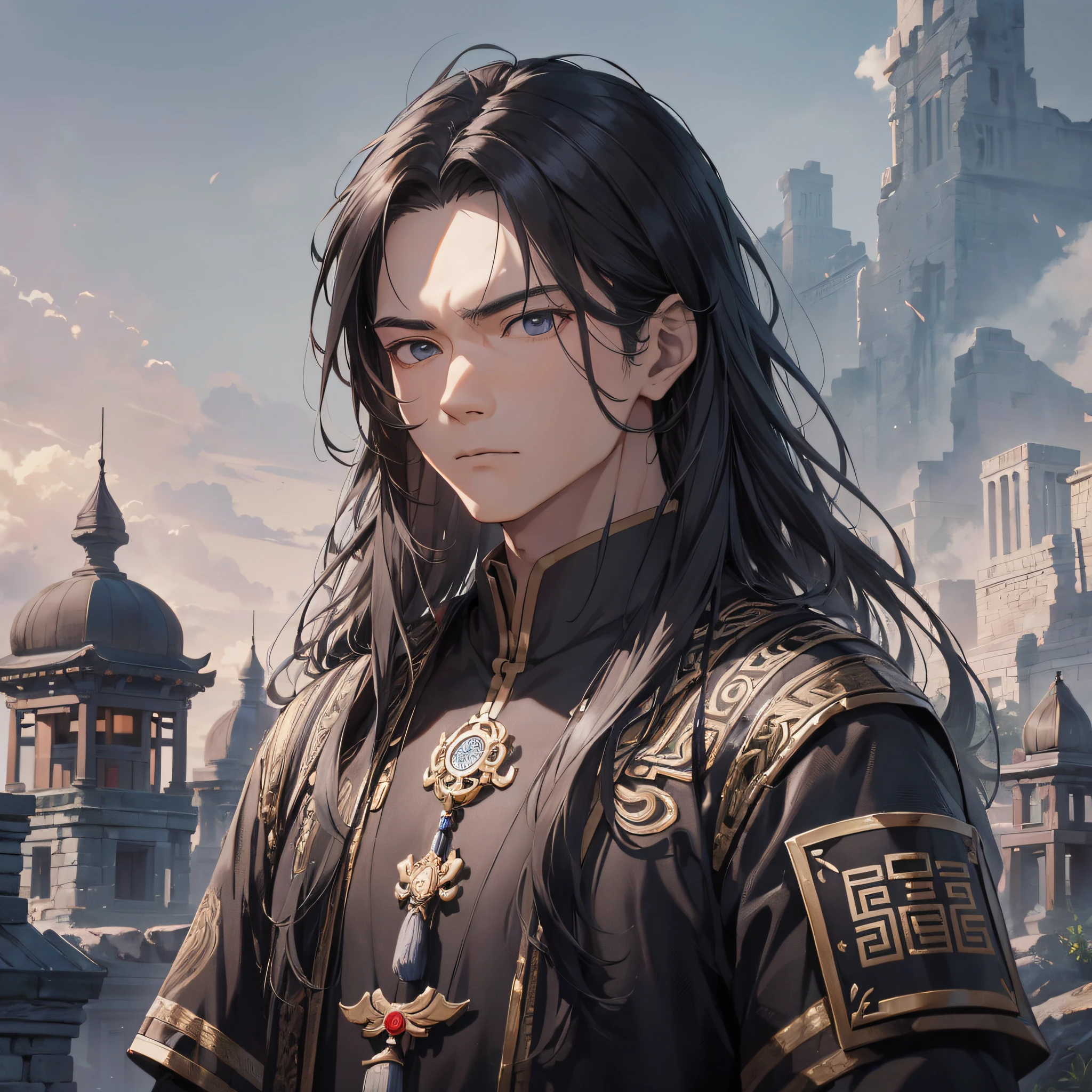 Absurd resolution, high resolution, (masterpiece: 1.4), hyper-detail, ancient Chinese, black long-haired young man (1.3), wearing black cloth, standing on an ancient city wall looking into the distance (1.3), dusk, serious and determined expression (1.5)