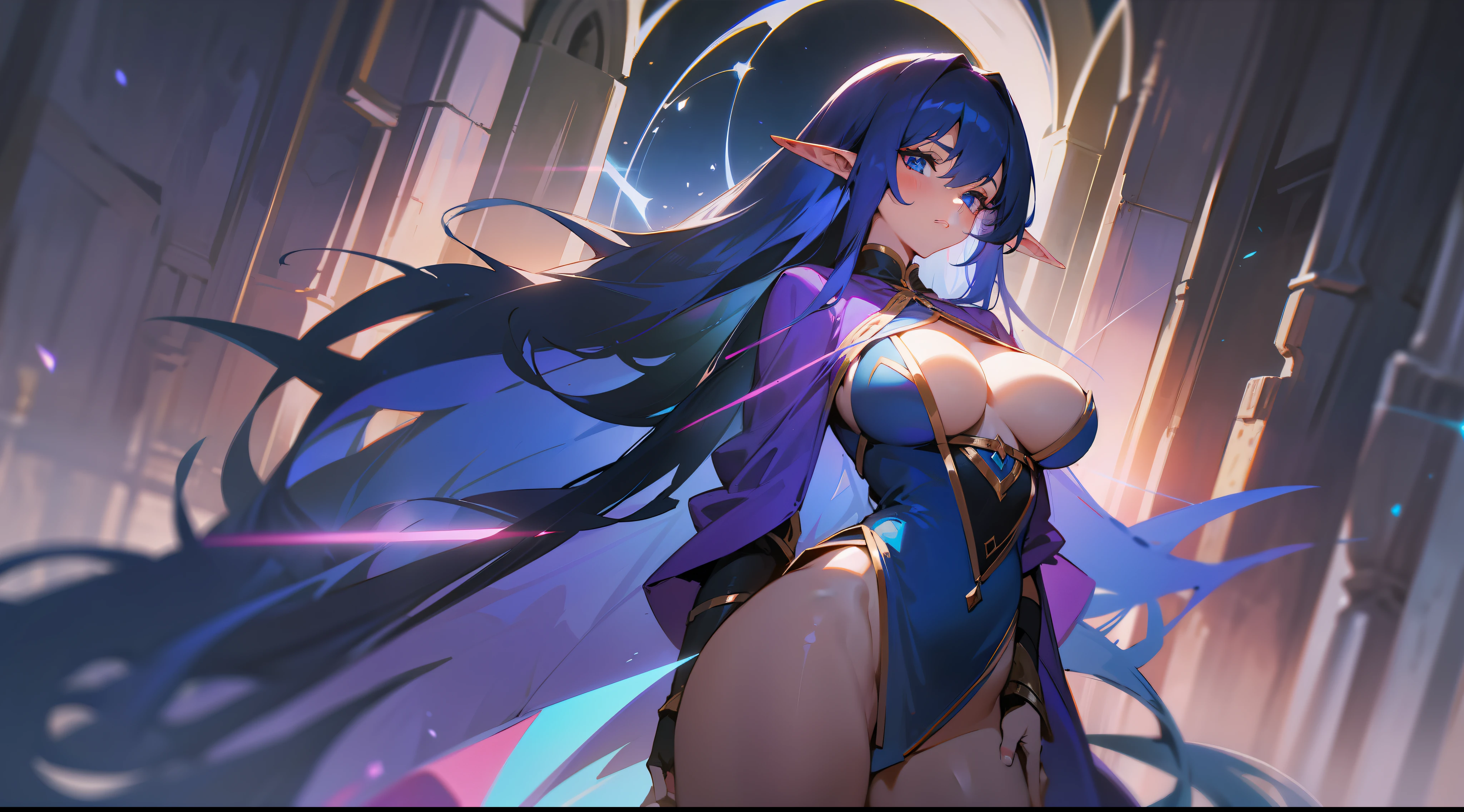 an elf mage, long dark blue hair, bangs, large breasts, exposed thighs, hair between eyes, heroic posture, blue eyes, full body, dark blue and purple robe, confident, fantasy, medieval, magic, night, lens reflection