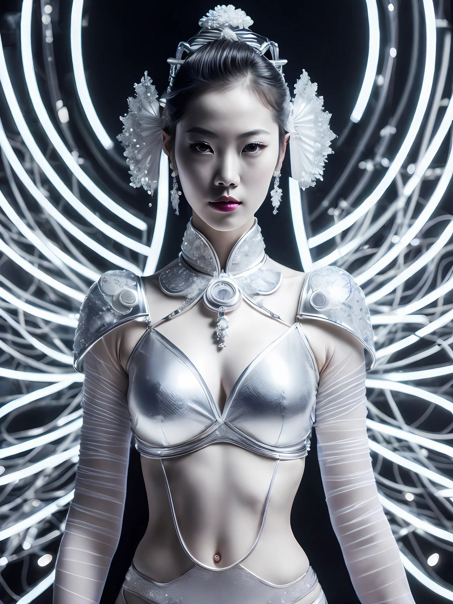 A photograph of Japanese female android made of white and silver transparent glass and plastic, geisha makeup and hairstyle, silver metal internal body mechanisms, dynamic pose, flowing organic construction, detailed designs, glowing circuitry, colorful neon trim, by H.R. Giger, Greg Rutowski