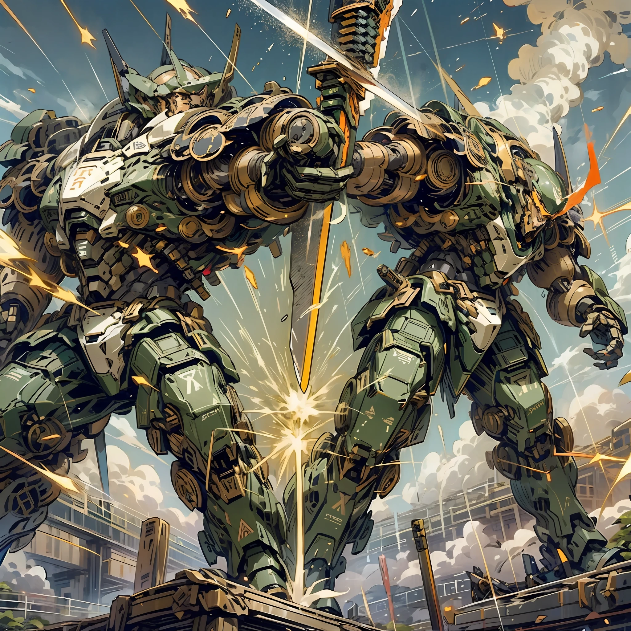 Battle robot, weapon, gun, big sword, sword, mecha, two robots in battle, battle scene, futuristic technology, dazzling picture, explosion scene, mecha attack each other --auto --s2