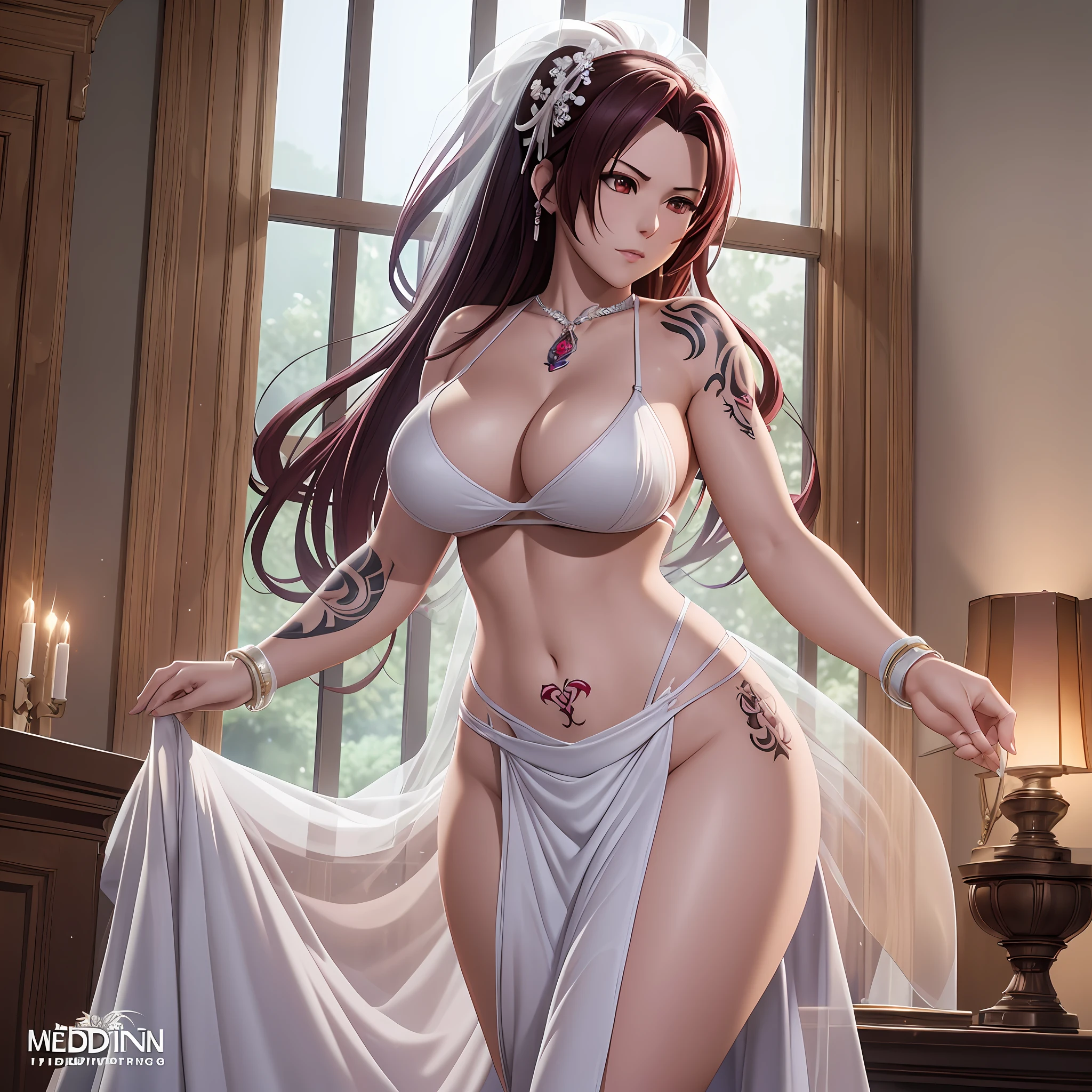 nighttime,full body,KOF:Mai Shiranui ,(((Wearing White wedding dress ))), Jewelry ,Masterpiece,best quality,official art,extremely detailed 3DCG unity 8k, ( ##tattoo ##,tattoo, ~+ tattoo),(Perfect female curves, huge stacked breast),(A seductive gaze), Facing the camera, Pink lips,Delicate fingers and hands,magic hour, Rembrandt lighting, front lighting and fill lighting, hard shadow, Arnold render,