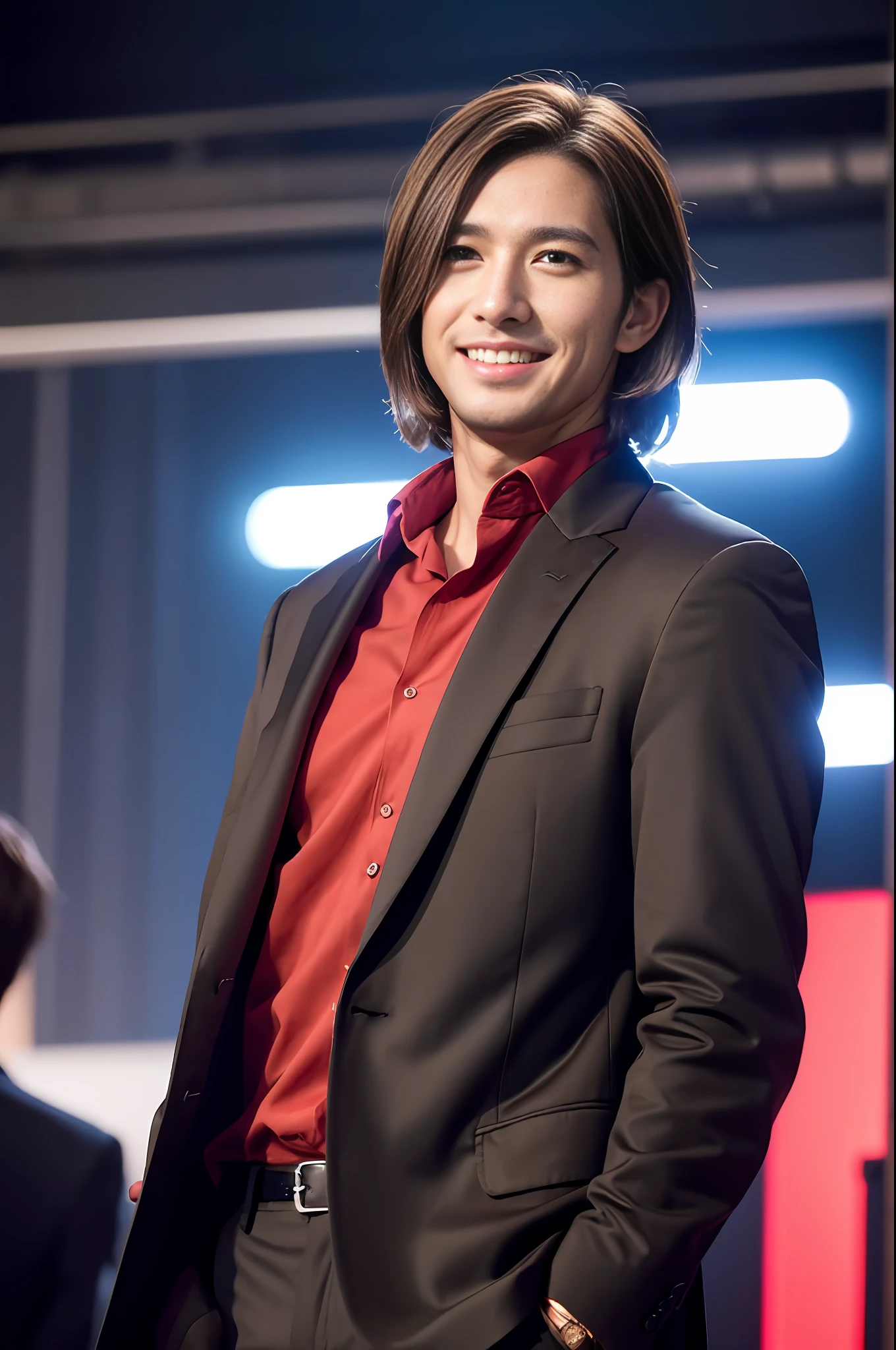 ((Realistic lighting, Best quality, 8K, Masterpiece: 1.3)), Clear focus: 1.2, 1man, Front lens, Perfect figure beauty: 1.4, ((dark brown hair, back flip hair)), (black Jacket with suit underneath red shirt and fit trousers: 1.4), (In the live room: 1.8), Super fine face, fine eyes, smile, handsome man, short hair,