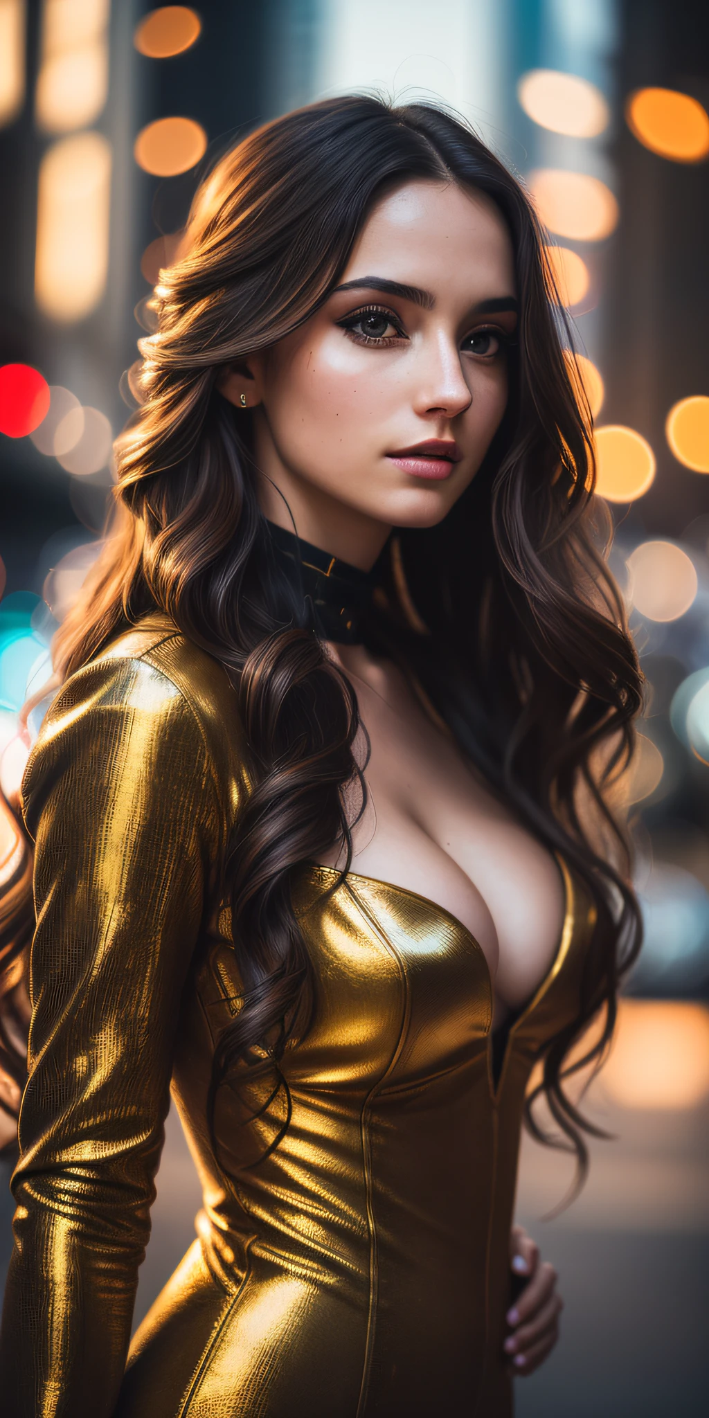 photo of a 25 years old european girl, RAW, beautiful woman, (extra long wavy brown hair), ((portrait)), ((detailed face:1.2)), ((detailed facial features)), (finely detailed skin), pale skin, high detailed deep cleavage cyberpunk dress outfit, megacity environment, (cold colors), damp, moist, reflections, (masterpiece) (perfect proportion)(realistic photo)(best quality) (detailed) photographed on a Canon EOS R5, 50mm lens, F/2.8, HDR, (8k) (wallpaper) (cinematic lighting) (dramatic lighting) (sharp focus) (intricate)