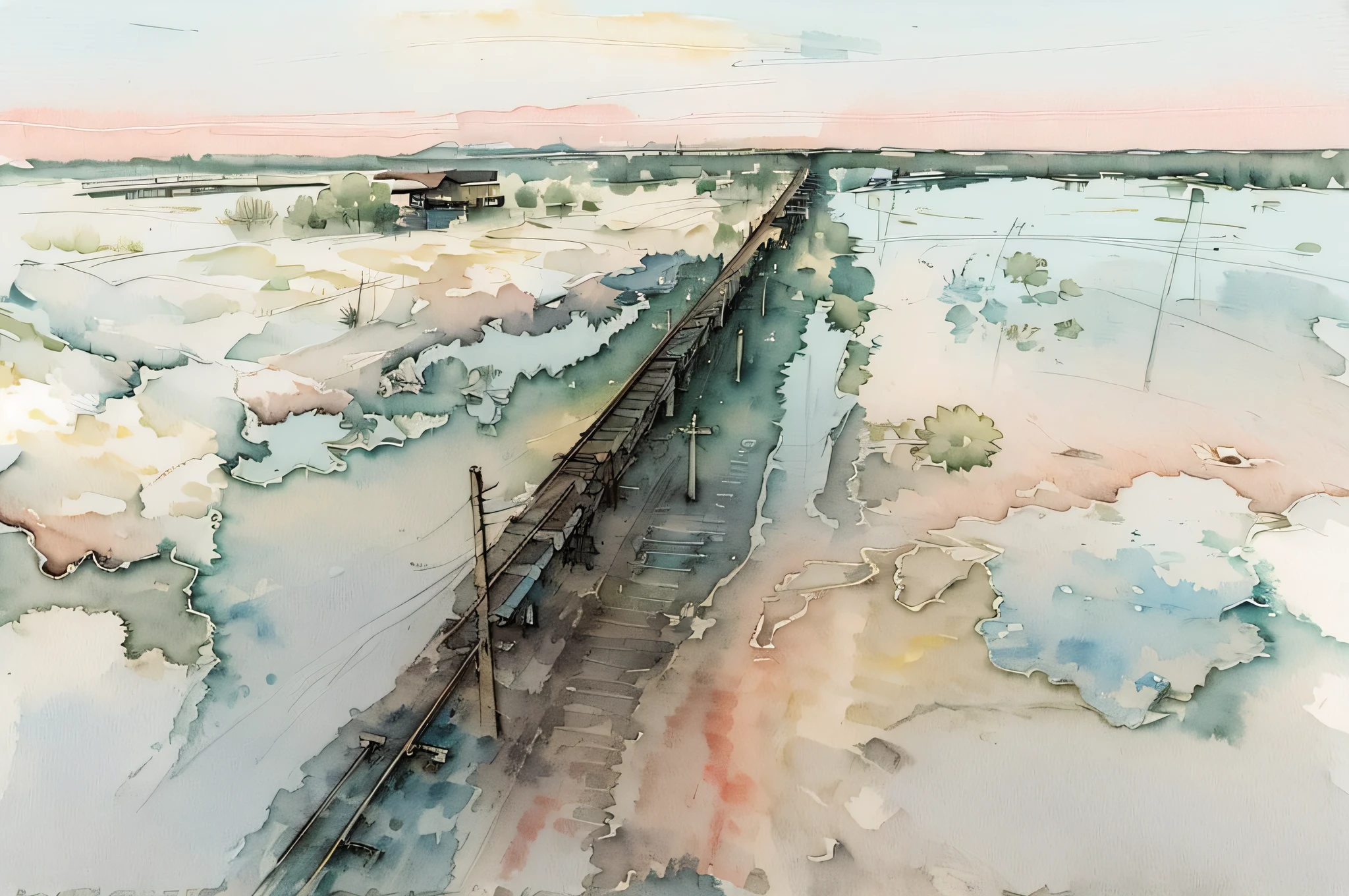 ( watercolor \(medium\), drawing, IrisCompiet:1.2), painting, view of railway tracks with water and trees, flooded station, sagging flood waters, floodplains
