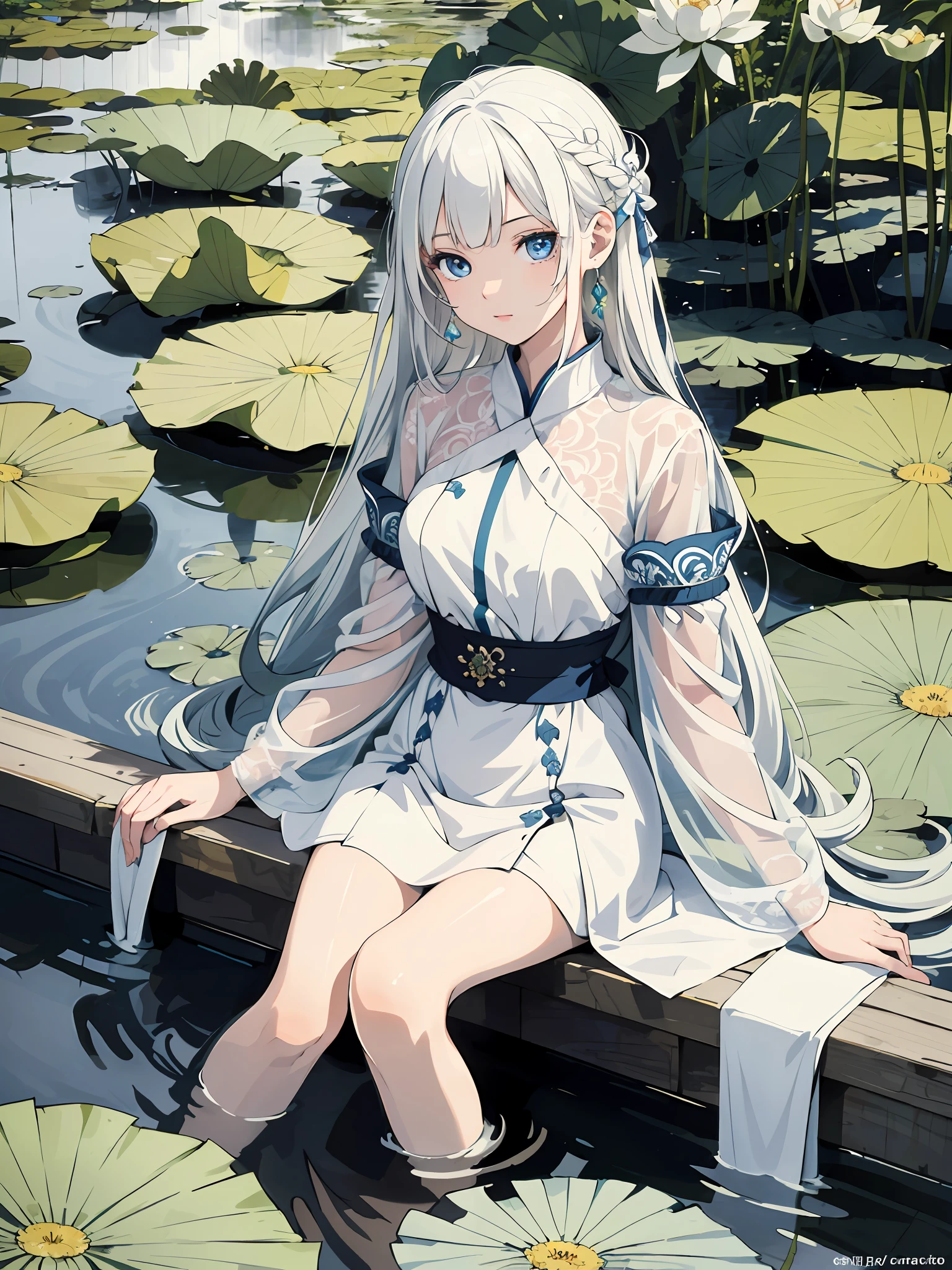 Absurd, high resolution, super detailed, (1girl:1.3), hand drawn, simple lines, beautiful girl, in lotus pond, masterpiece, sitting in water, floating clothes, floating hair, blue eyes, white hair