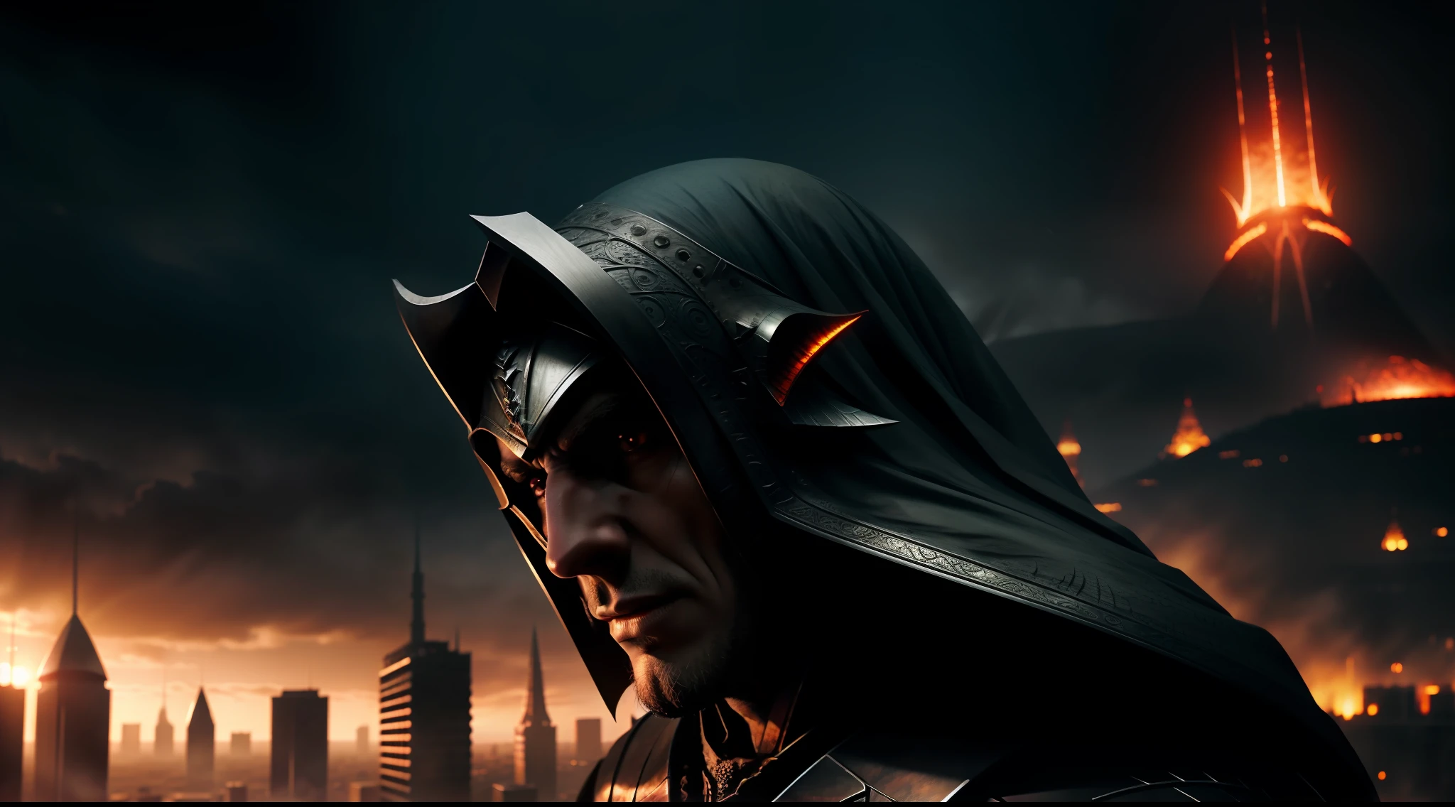 Sauron, Lord of the Rings, J.R.R. Tolkien, Cyberpunk City Background, Vibrant, Photorealistic, Realistic, Dramatic, Dark, Sharp Focus, 8k