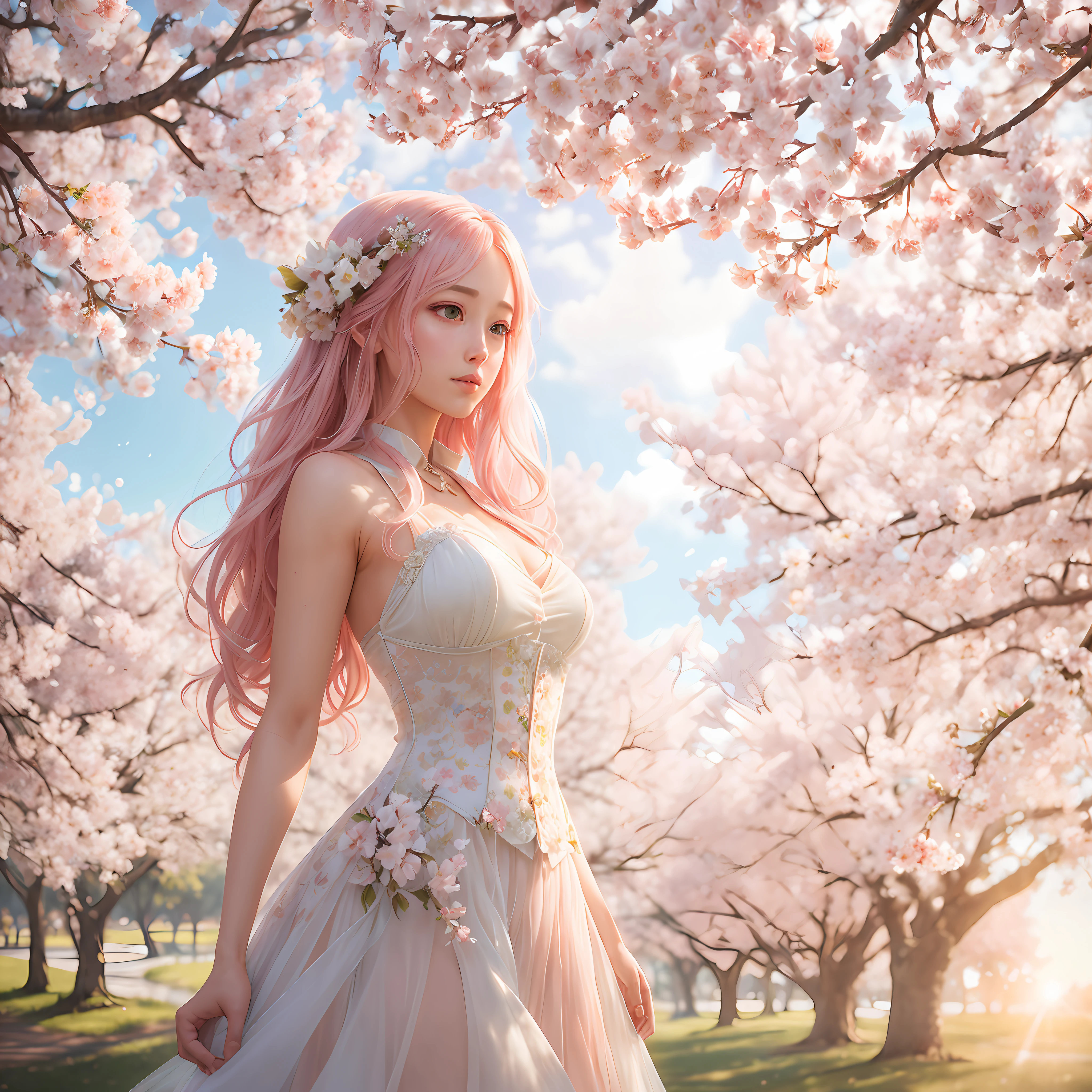 Kathy Weldon, Olga Kwasa, A Flower of Miho Hirano, Ultra-detailed Trends in Complex Gothic Art on Artstation Ternary Color Unreal Engine 5 Unreal Engine 5 Detailed Matte Painting, Dark Color, Dreamy, Intricate Detail, Start Screen, Complementary Colors, Fantasy Concept Art, 8K Resolution, Gothic Deviation Art Masterpiece, (Dark Len: 0.9), Art by Greg Rutkowski and Artgerm, Soft Film Light, Adobe Lightroom, Photolab, HDR, complex, highly detailed, pink white gradient cherry blossoms, filled with water droplets