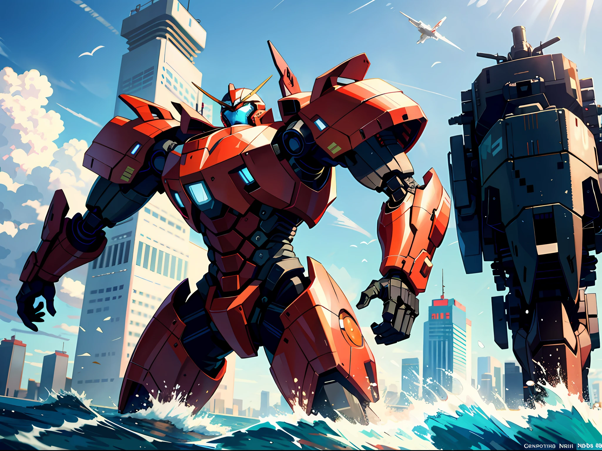 High resolution, highest quality, illustration, super detailed, a handsome young man in a white mobile combat suit, standing by the harbor, behind him stands a huge red mech, Pacific Rim robot