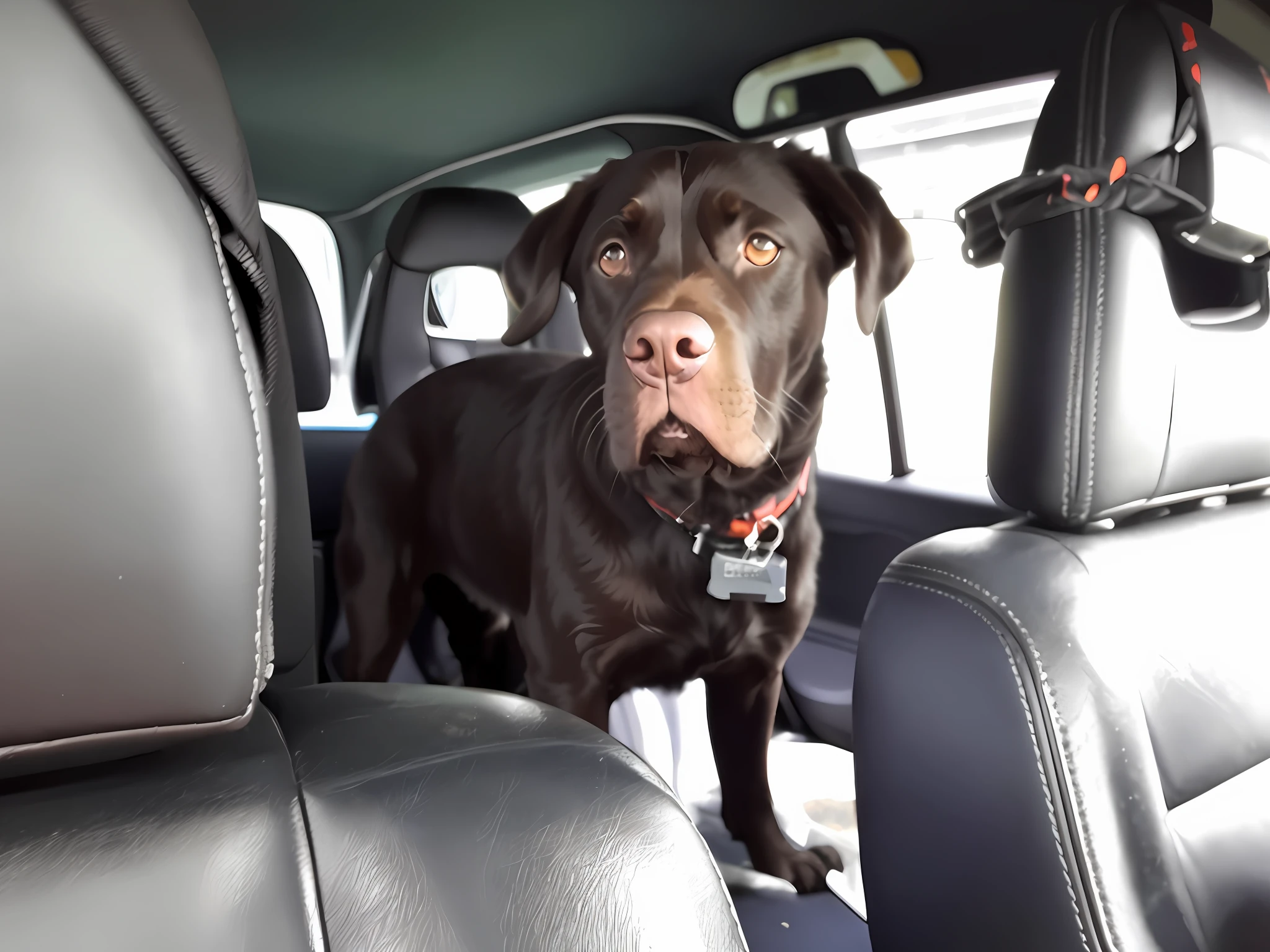 There's a dark brown dog sitting in the back seat of a car, sitting in his car, looking proudly, dog watching the car, looking to the side, lab in the background, very silly looking, looking like this, looking to the side, full car, looking straight at the camera, looking to the right, very beautiful, raw, looking at the camera