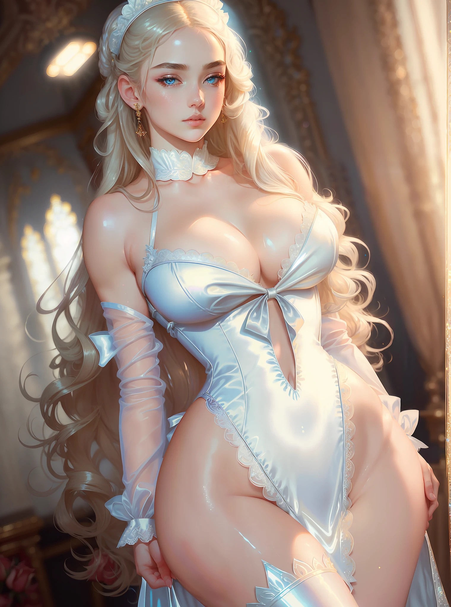 masterpiece, highest quality, (solo), (perfect face:1.3), (high detail:1.2),dramatic, 1girl, angel, (pale skin), long white hair, light blue eyes, (huge breasts), light eyebrows, long hair, night, maid outfit, covered navel, pouty lips, curvy, (arms behind back:1.4), covered, palace detailed background, art by artgerm and greg rutkowski, cinematic lighting, roses, fashion, balenciaga, Alexander McQueen, glitter