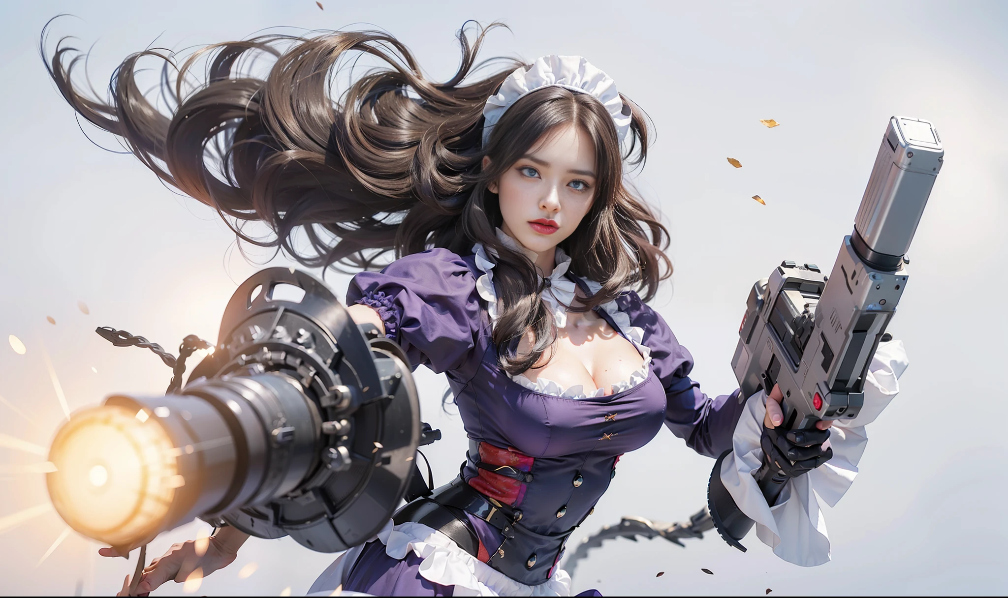(female:1.2) (bodybuilder:0.8), hyper realistic, masterpiece, photorealistic, real skin, detailed face, detailed skin, detailed lighting, 1girl, (blue eyes), large breasts, cleavage, long hair, black hair, purple dress, red lips, serious face, holding machine gun, gun light background, maid clothes, maid accessories