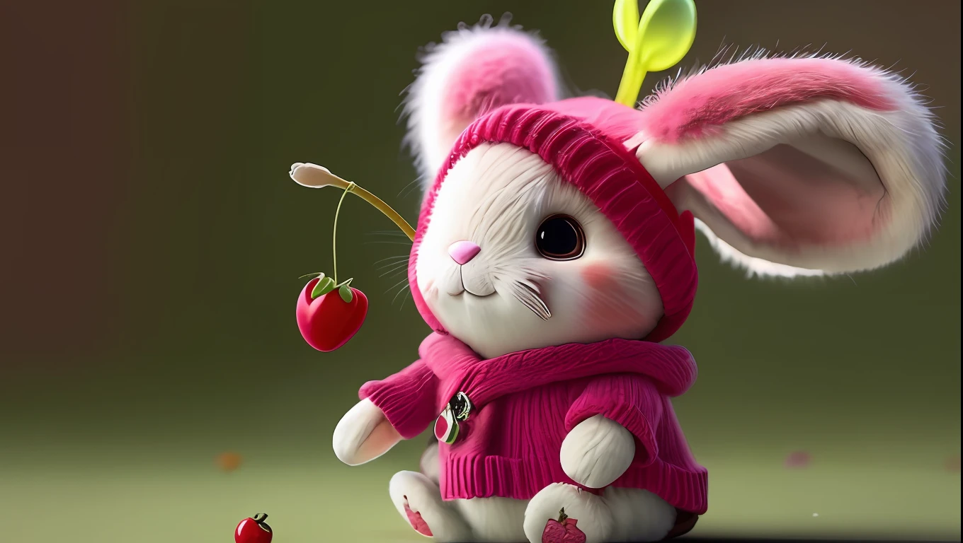 "(An artwork by ) Realistic, furry bunny (dressed in clothes), with an apple in his hand and dark circles and blush on his face. Cherries, strawberries, tomatoes and watermelons are strewn around the entire body. The rabbit wears a fancy hat and is a non-human character."