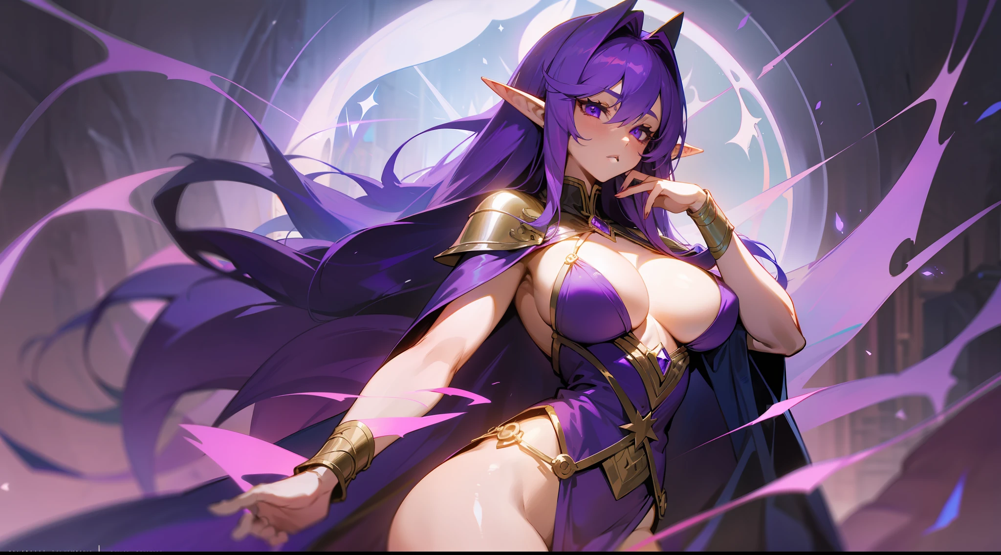 an elf mage, long purple hair, large breasts, exposed thighs, hair between eyes, heroic posture, purple eyes, full body, dark blue and purple robe, confident, fantasy, medieval, magic, night, lens reflection, glow