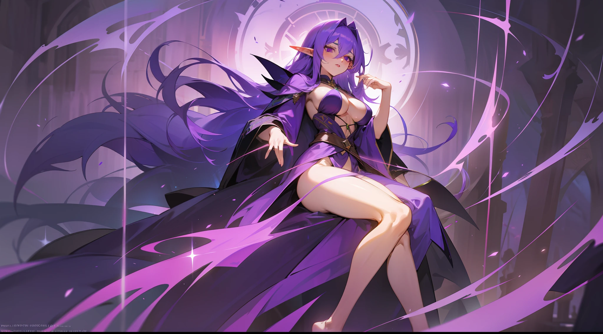 an elf mage, long purple hair, large breasts, exposed thighs, hair between eyes, heroic posture, purple eyes, full body, dark blue and purple robe, confident, fantasy, medieval, magic, night, lens reflection, glow