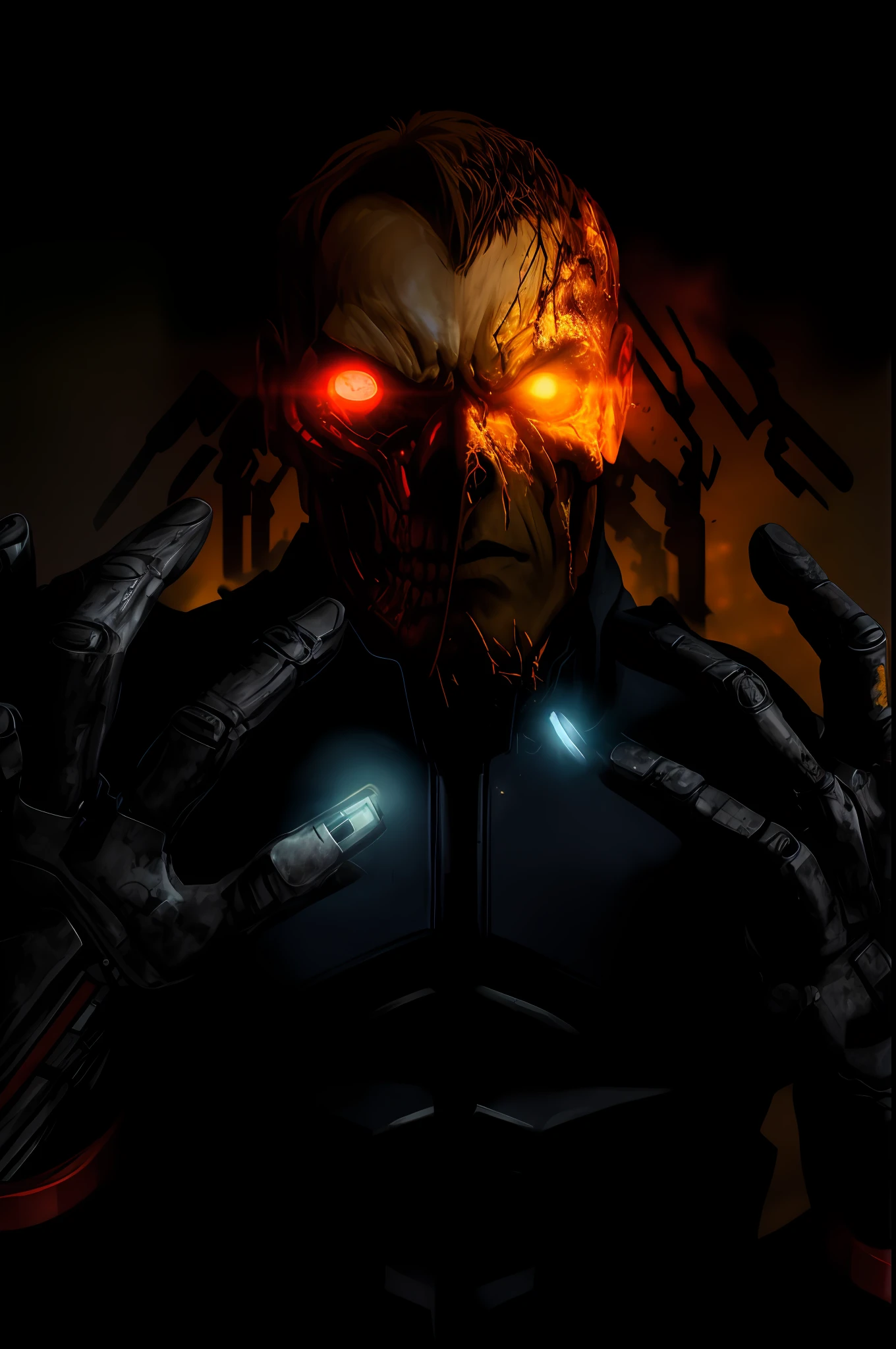 Syberart, centered, creates a dramatic and action-packed terminator. Use advanced photography and image editing techniques to realistically capture intense expression and posture, and play with light and shadow to add depth and drama to the image. Incorporate battlefield elements, such as debris and destruction, to add context and visual interest to the image. Make sure the image has high resolution and impeccable image quality to ensure a very realistic and dynamic appearance