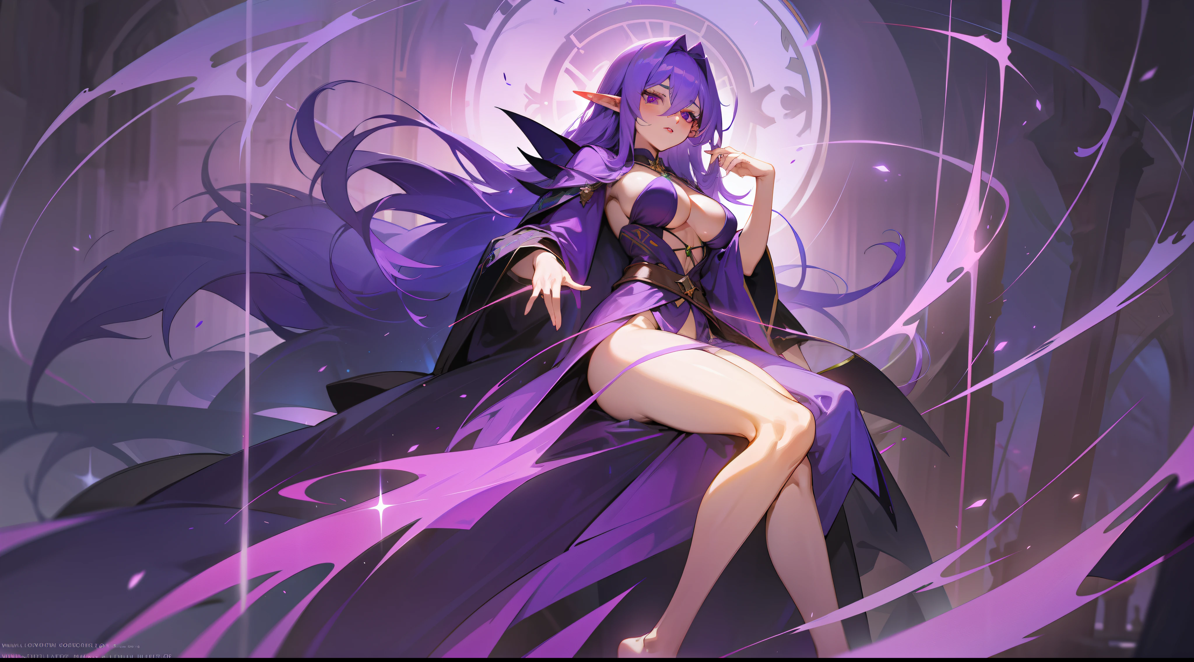 an elf mage, long purple hair, large breasts, exposed thighs, hair between eyes, heroic posture, purple eyes, full body, dark blue and purple robe, confident, fantasy, medieval, magic, night, lens reflection, glow