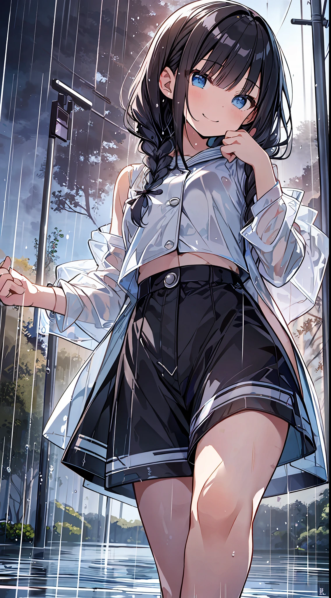 Top Quality, Masterpiece, Ultra High Definition, 8K, ((Raincoat, Shorts)), Shojo Manga Style Loli, One, Soft Line Art, Digital Enhancement, Shojo Manga Touch, Shojo Manga Core, Flowing Fabric, Close Up, (Hair length to the shoulders and short braids)), wet hair, staring at us from the front, soft drawing, beautiful black hair, clear eyes, ((teasing smile)) , Ultra-detailed digital anime art, clear face depiction, ultra-detailed shoujo manga character art, ultra-detailed manga style, top quality colors, hand gestures, angle to see up to the feet, landscape with nature, raining, rainy season, looking up at the sky