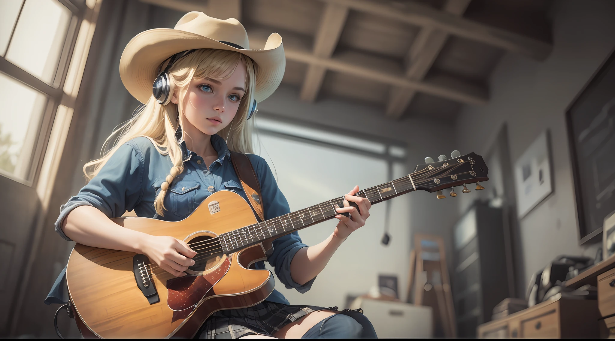 (masterpiece, better quality)) 1girl, solo, jeans, Boots, standing, hot, blue eyes, electric guitar, guitar, headphones, holding, holding reed, instrument, long hair, music, one side up, blonde hair, playing guitar, pleated skirt, black shirt, in a square, cowboy hat, short hair, Hyperrealism, Realism, cinematic lighting, blending, perspective, 135mm, Canon, Wide-Angle, Ultra-Wide Angle, 8k