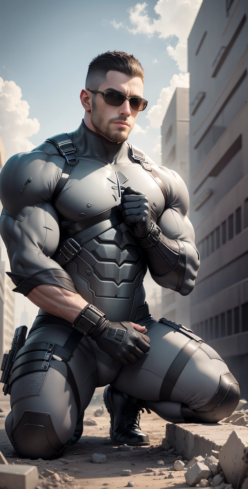 The Arad man in gray, black and white clothes kneels on the desolate ruins with his hands propped up, muscle male hero, Buzz Cut, expression full of grief, heroic male posture, tall and burly, muscular! Wearing black sunglasses, stealth suit, symmetrical pattern texture design, super buff and cool, high resolution committee, character design warrior, black military boots, attractive strong male