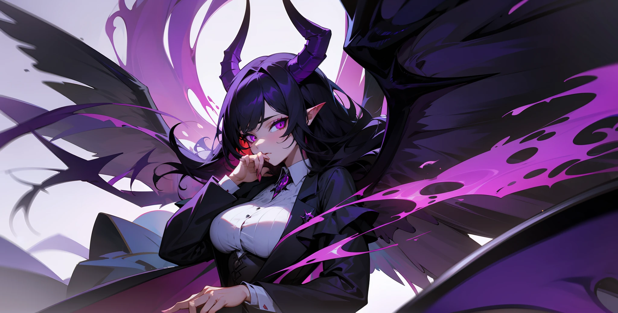 Milf Horned Demon, demonic wings,and with very purple skin and black hair wearing gothic clothes