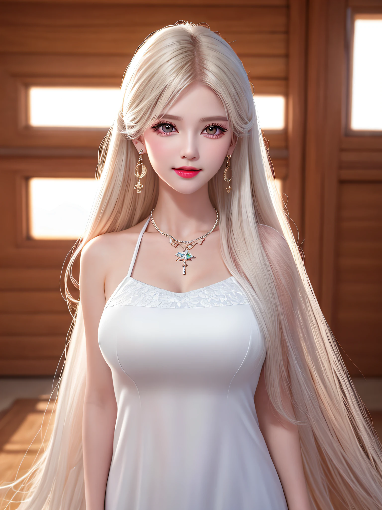 Female teacher standing in the classroom v6, necklace, earrings, full body v6, long white hair, translucent clothes, visible, superb, ultra-high-definition, RAW photo, realism: 1.25), (bright lip gloss, long eyelashes, smooth face, light skin, natural shadows, wide light, wide light, depth of field, strong colors, subtle caustics: 0.8), smile, (big tits), v6