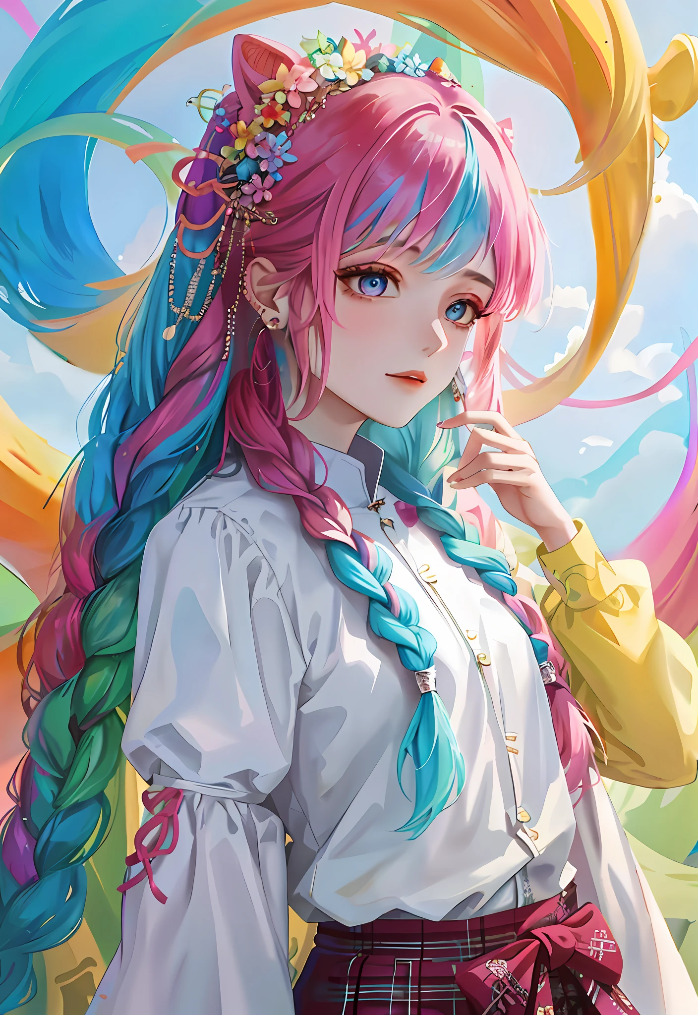 Close-up of a person with long hair and colorful hair, colorful braids, pink double-tailed hair and cyan eyes, anime style 4 K, beautiful anime style, anime girl with cosmic hair, anime art style, young anime girl, beautiful anime art style, anime style. 8k, long-haired anime girl, beautiful anime girl, beautiful anime portrait (masterpiece, top quality, best quality, official art, beauty and aesthetic: 1.2), (1girl: 1.3), very detailed, (fractal art: 1.1), (color: 1.1) (flowers: 1.3), most detailed, (zentangle: 1.2), (dynamic pose), (abstract background: 1.3), ( Chinese dress:1.2), (shiny skin), (many colors:1.4), ,(earrings:1.4),