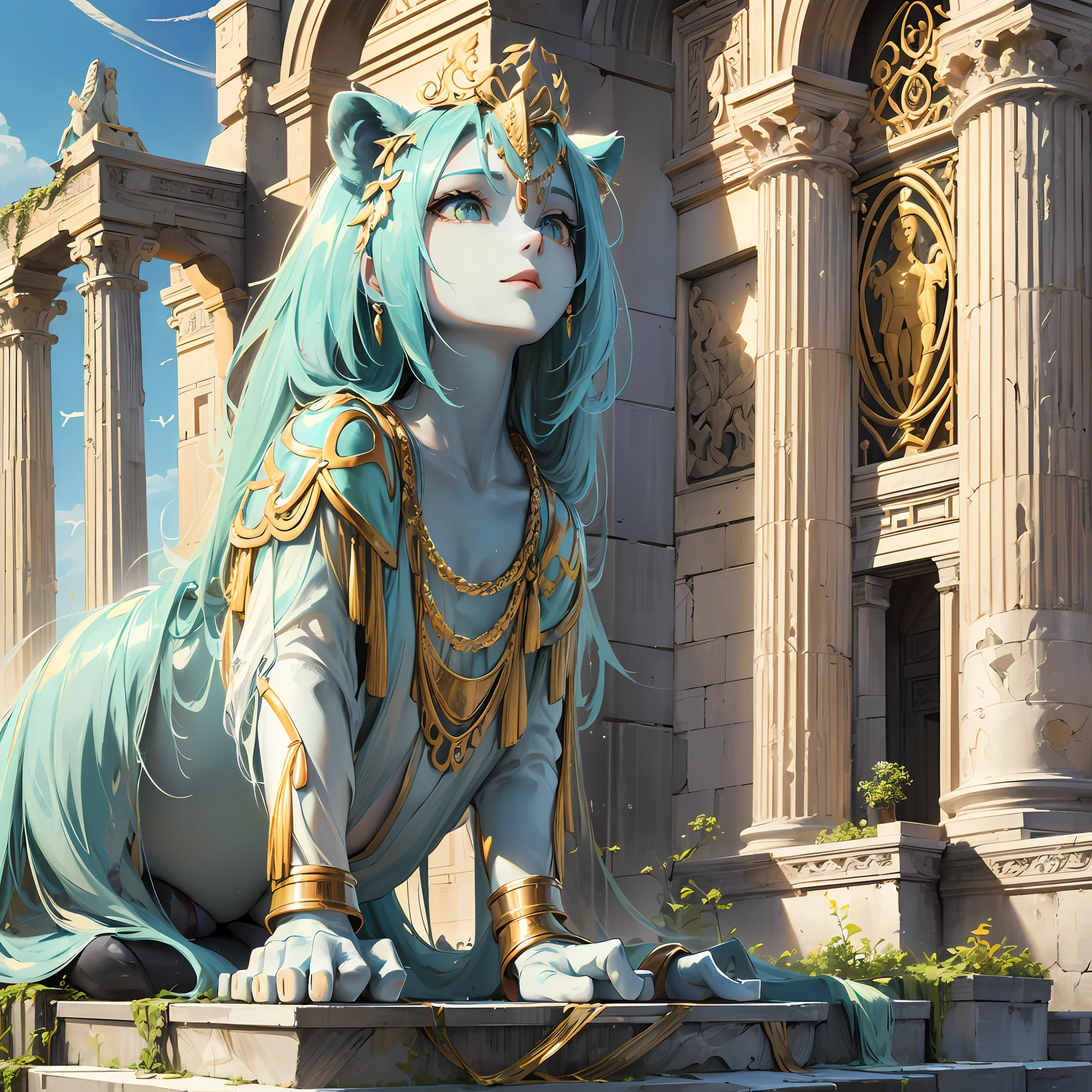 Imagine a female Sphinx (Burmese depiction of the Manussiha, Sphinxes on the Lycian sarcophagus of Sidon, Marble capital and finial in the form of a sphinx, Limestone funerary stele (shaft) surmounted by two sphinxes, Funerary stele, The Sphinx of Naxos, Riddle of the Sphinx, a woman's face, the body and tail of a lion and the wings of a bird, Mannerist sphinx, La Granja, The Great Sphinx of Giza, A sphinx, /ˈsfɪŋks/ SFINKS, Ancient Greek: σφίγξ [spʰíŋks], Boeotian: φίξ [pʰíːks], plural sphinxes or sphinges, is a mythical creature with the head of a human, the body of a lion, and the wings of an eagle, Neverending story sphinx) sitting on a a Roman building. architectural of an ancient structure. A moment in time or a historic event. Reimagined as a fantasy dream world in anime. --auto --s2