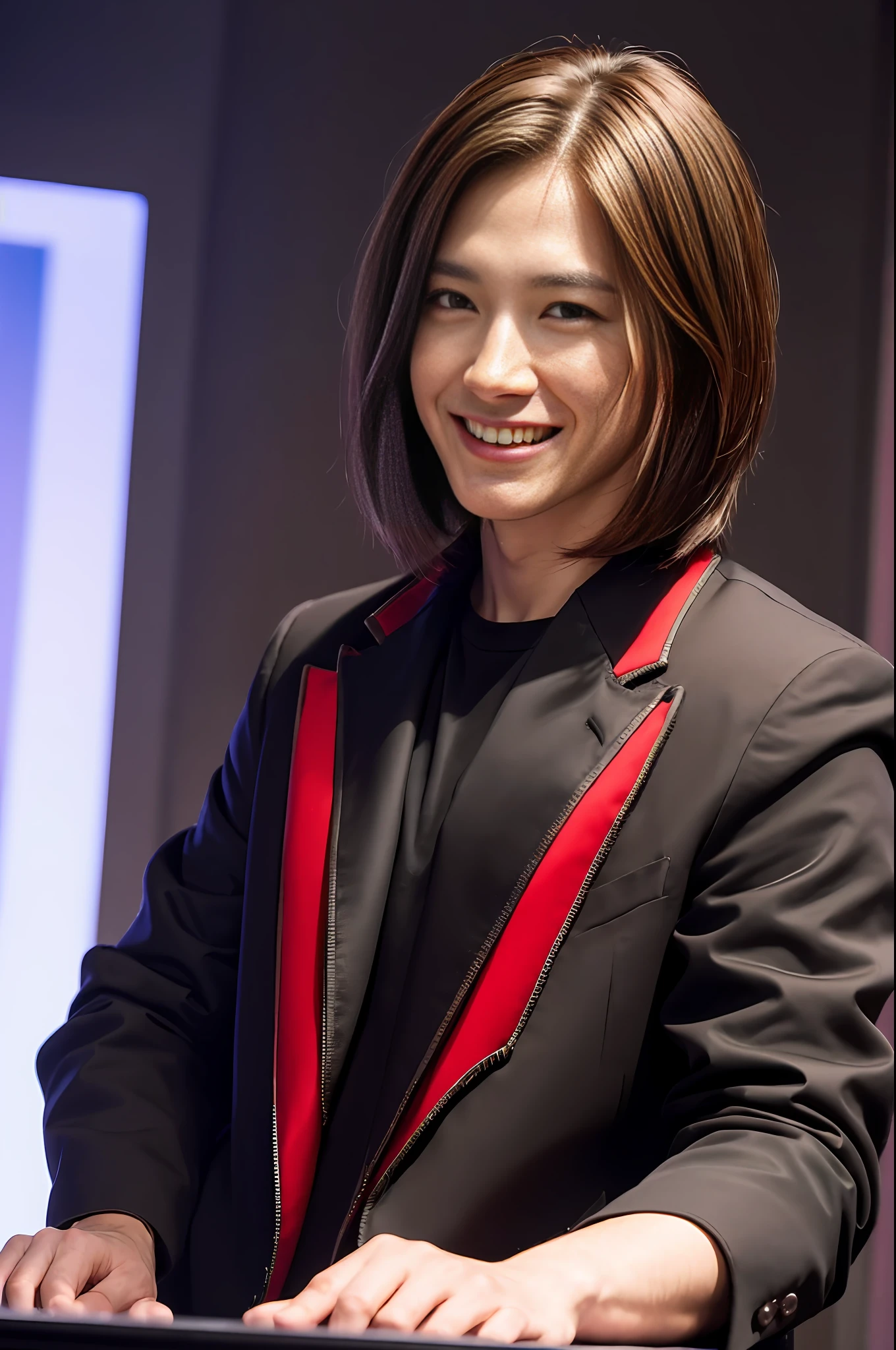 ((Realistic lighting, Best quality, 8K, Masterpiece: 1.3)), Clear focus: 1.2, 1man, Front lens, Perfect figure beauty: 1.4, ((dark brown hair, back flip hair)), (black Jacket with suit underneath red shirt and fit trousers: 1.4), (In the live room: 1.8), Super fine face, fine eyes, smile, handsome man, short hair,