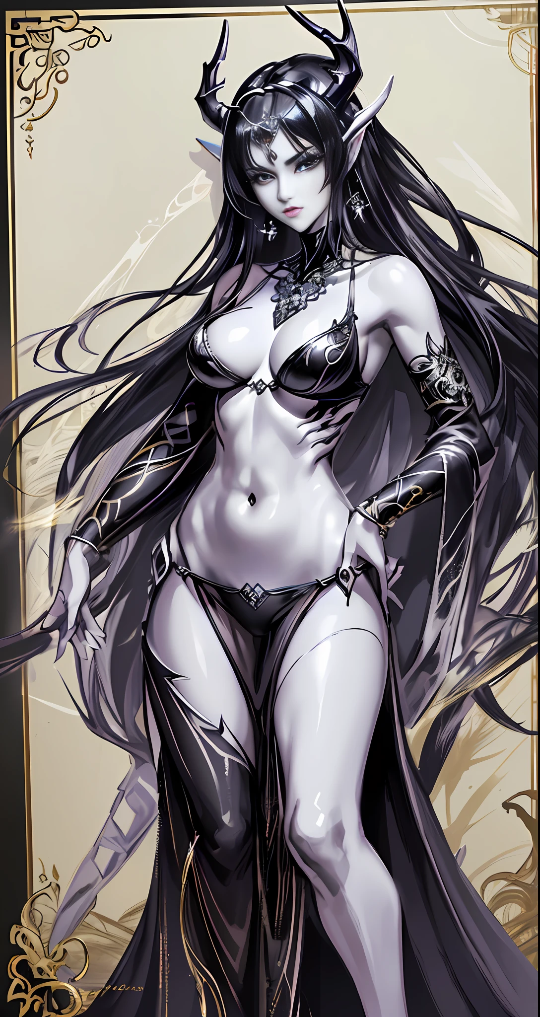 Masterpiece, great black and white anime works, style of Japanese manga masters, black and white art, line art, pen drawing art, a mature woman (from below: 1.5) standing on wet ground, (((((standing)))) (solid color silk robe + openwork transparent design inspired by Victoria's Secret), (broken + clothing: 1.5) (full body pose: 1.5), (krounchana: 1.5) hips ((lower chest + upright under bra)), ( Double eyelids) (delicate makeup) (fantasy: 1.2), dragon woman, antlers growing on head, dragon element, (mythology: 1.5), exposed navel, tethered panties, (large panorama: 4), wide angle, (dramatic: pose), (ethereal: lighting), (mysterious: atmosphere), (complex: details), (carefully designed hair + design), (ancient artifacts), dragon princess (elaborate necklace bracelet earrings gemstone pendant inspired by Harry Winston) (sacred: radiance), (Spiritual Essence) (Evocative: Expressive), Long Legs, 180CM Height, (Bold: Brush Strokes), (Epic: Proportion) Masterpiece 16K, Large Character Small Scenes --s2