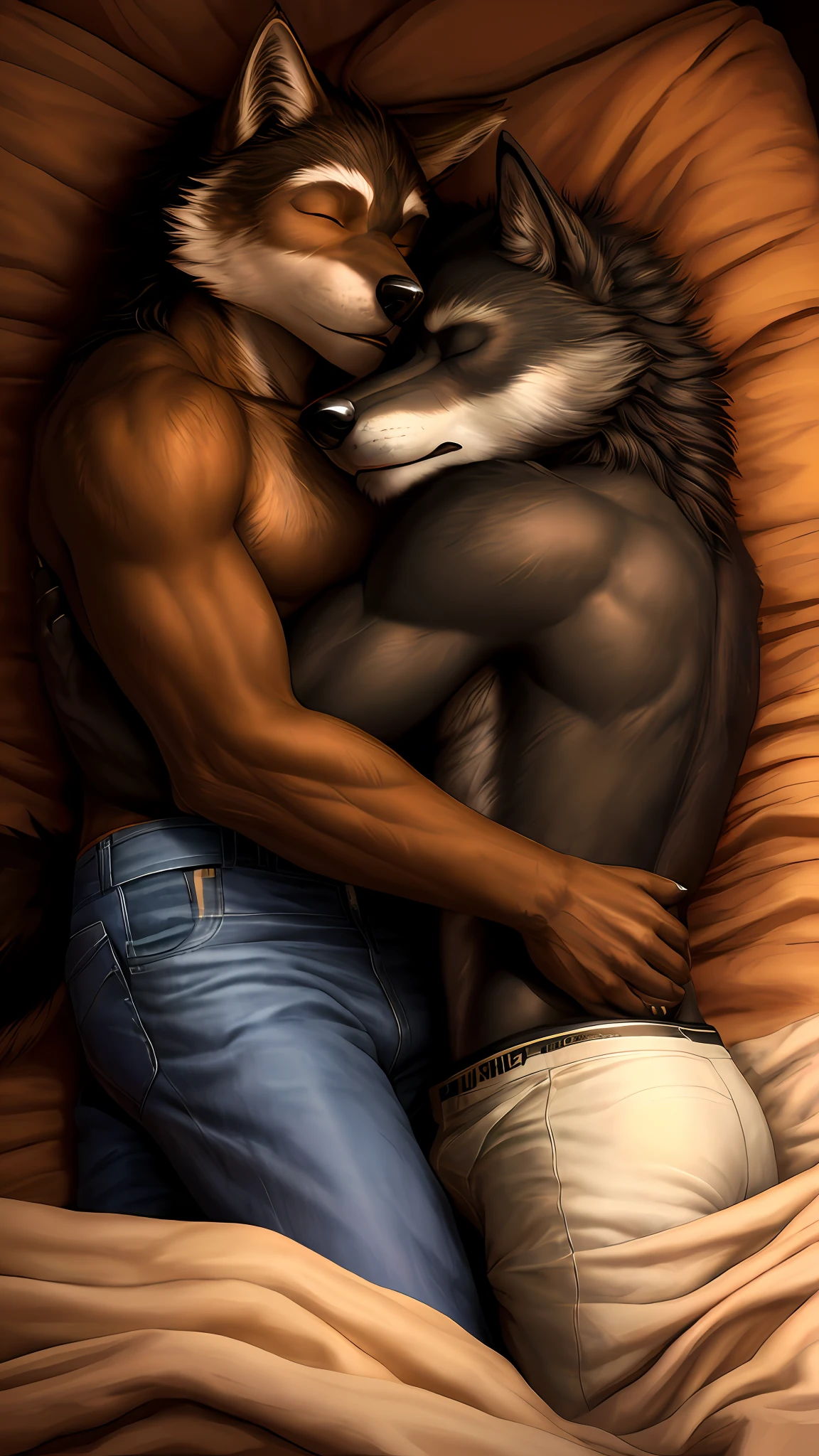 (masterpiece, best quality), duo, (male: anthro wolf, black body, white belly, hunk, black boxers), (male: anthro wolf, brown body, slim, jeans, eyes closed); lying on the bed, cuddling, back view, realistic, realistic hands, 8k hd, (wide dynamic range, hdr, deep shadows), detailed fur, white sheets