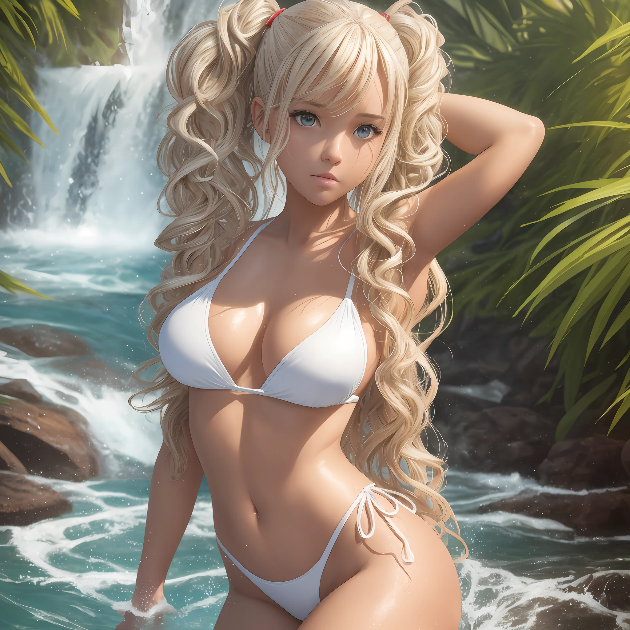 "Naked" Beautiful Girl White String Swimsuit Twin Tails Curls Big Sandy, Photorealistic, Photorealistic, Masterpiece, Realistic, Realism, Photorealism, High Contrast, Photorealistic Artstation 8k HD Trending Digital Art in High Resolution Detailed and realistic, detailed, skin texture, super detailed, realistic skin texture, armature, highest quality, --auto --s2