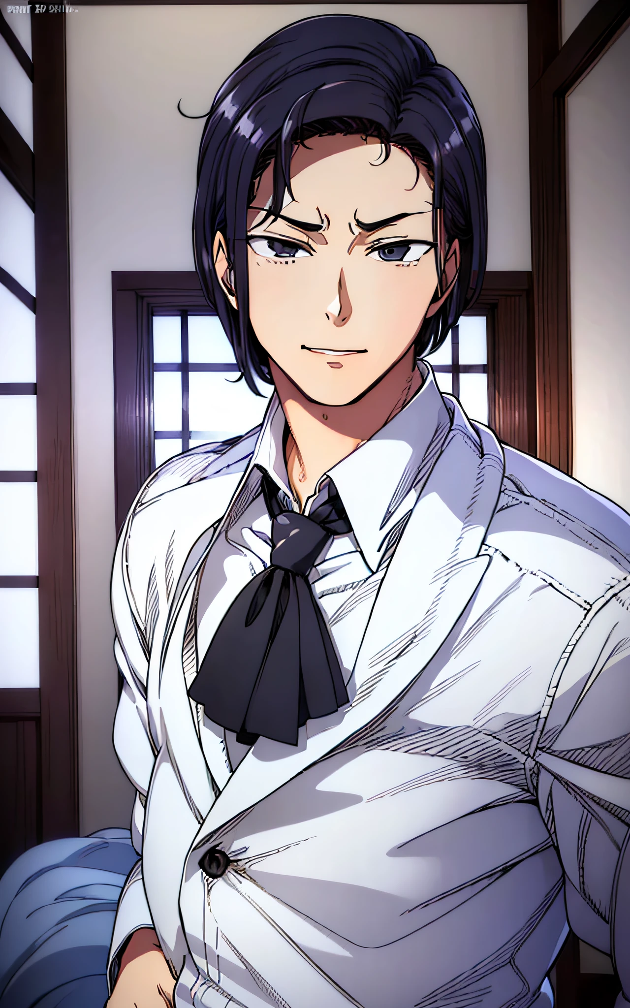 (highest quality, masterpiece, 4k, fine detail, detailed eyes, detailed face, gelbooru, pixiv)), warm lighting, ((solo exhibition)), 1 male, handsome, male, young male, energetic, healthy, broad shoulders, person in the middle of the picture, the whole body appears in the picture, grinning, looking at the audience, ((lazy eyes, half-open, tired eyes, eye bags under the eyes, black eyes and white pupils)), wearing a blue suit, standing, hands in pockets,((Brunet, short hair, hairstyle, messy hair)), morgue,