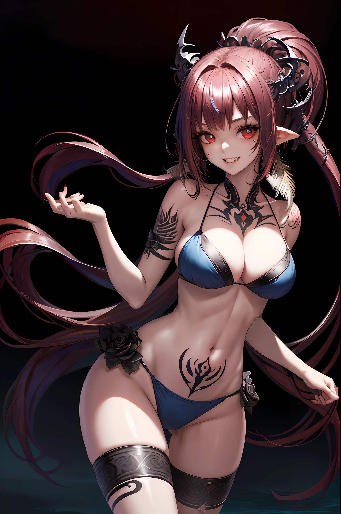 2D, Masterpiece, Top Quality, Anime, Very Detailed, Full Body, 1girl (Rose), Solo, , gura_BIKINI ,, ((Blue Bikini)), Ruffles, Barefoot, , , :d, Sharp Teeth, Shark Tail, Dynamic Pose, ((Background,Ultra Detailed Beach,Sandy, Sea,Spreading Blue Sky)),(Ashenhard Style:1.4), Masterpiece, Best Quality, High Quality,(Red Eyes with Dark Red Glow) , (in profile), Abstraction,,Award-winning photos, Depth of field, HDR, Very detailed, Trending in art station, Trending in CGsociety, Complex, High detail,(Masterpieces: 1.2, highest quality)(Best lighting, very delicate and beautiful)(Best lighting, very delicate and beautiful)(Beautiful detailed face)(Detailed eyes and detailed face):1.2), (Young girl, 1girl, Solo, Crazy smile, Pale skin, G-cup, cleavage, 19 piercings, ((tattoos all over body, tribal tattoos all over legs)) gray hair, glowing red eyes, dynamic angle, vampires, pointy_ears, fangs, blood rain on face, blood mist, (depth of field), high contrast, (blood splash: 1.4),cowboy shot, full body, mischievous posing,
