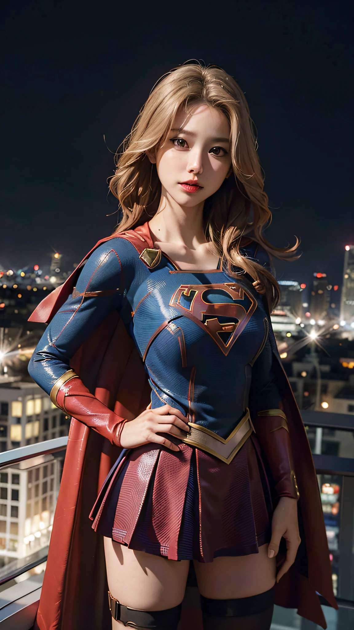 woman posing for a photo,(using supergirl_cosplay_outfit:1.3),mini_skirt,
good hand, 4k, high-res, masterpiece, best quality, head: 1.3, ((Hasselblad photo)), finely detailed skin, sharp focus, (cinematic lighting), collarbone, night, soft lighting, dynamic angle, [:(detailed face: 1.2): 0.2],(((5 star hotel))), outside,