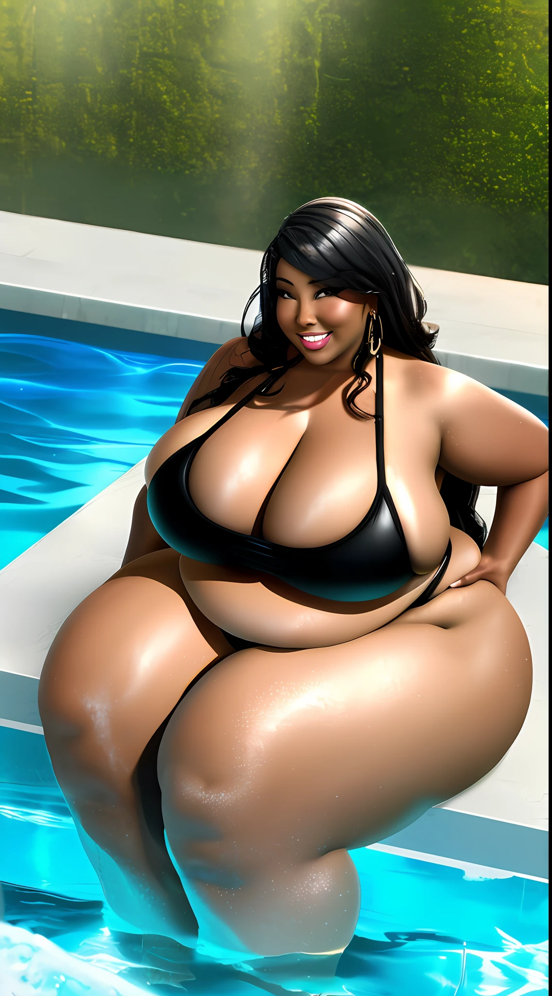 2 Black women, big breasts, in pool, bathing suit dress, smiling, soft lighting, unreal engine, straight long hair, 8k, photorealism, detailed skin, plump, massive ass, massive thighs, fat