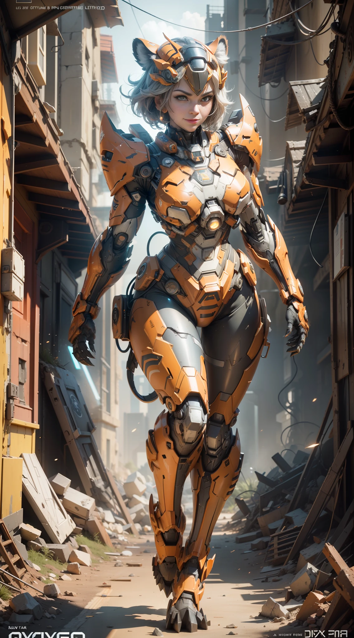 ((Best Quality)), ((Masterpiece)), (Very detailed: 1.3), 3D, Shitu-mecha, Full body, 1 beautiful woman, smiling, short hair, mech wearing orange and white color, (mecha with tiger pattern decoration) (hands and feet wearing claws), ruins of cities in forgotten wars, ancient technology, HDR (high dynamic range), ray tracing, NVIDIA RTX, super resolution, Unreal 5, subsurface scattering, PBR texture, post-processing, anisotropic filtering, Depth of field, maximum sharpness and acutance, multi-layer textures, albedo and highlight maps, surface shading, accurate simulation of light-material interactions, perfect ratios, octane rendering, duotone lighting, low ISO, white balance, rule of thirds, wide aperture, 8K RAW, high efficiency sub-pixels, subpixel convolution, luminous particles, light scattering, Tyndall effect