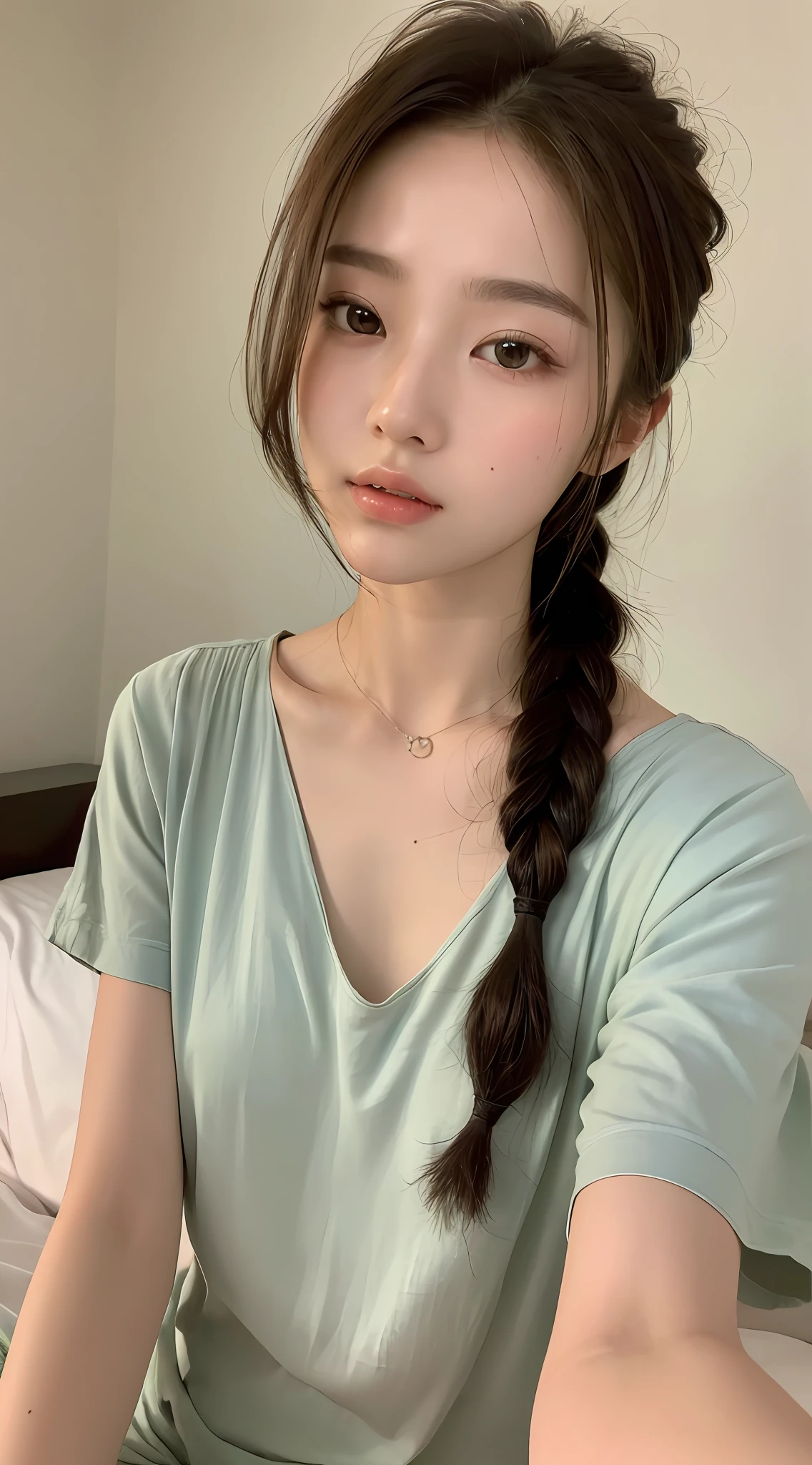 ((Top Quality, 8k, Masterpiece: 1.3)), Beauty, Hidden Face, 1 Girl, Beauty: 1.3, Slender Abs: 1.1, Beautiful Summer Clothes, Random Hairstyle, (Sitting on Bed), Ultra-detailed Face, Highly Detailed Lips, Detailed Eyes, Double Eyelids,