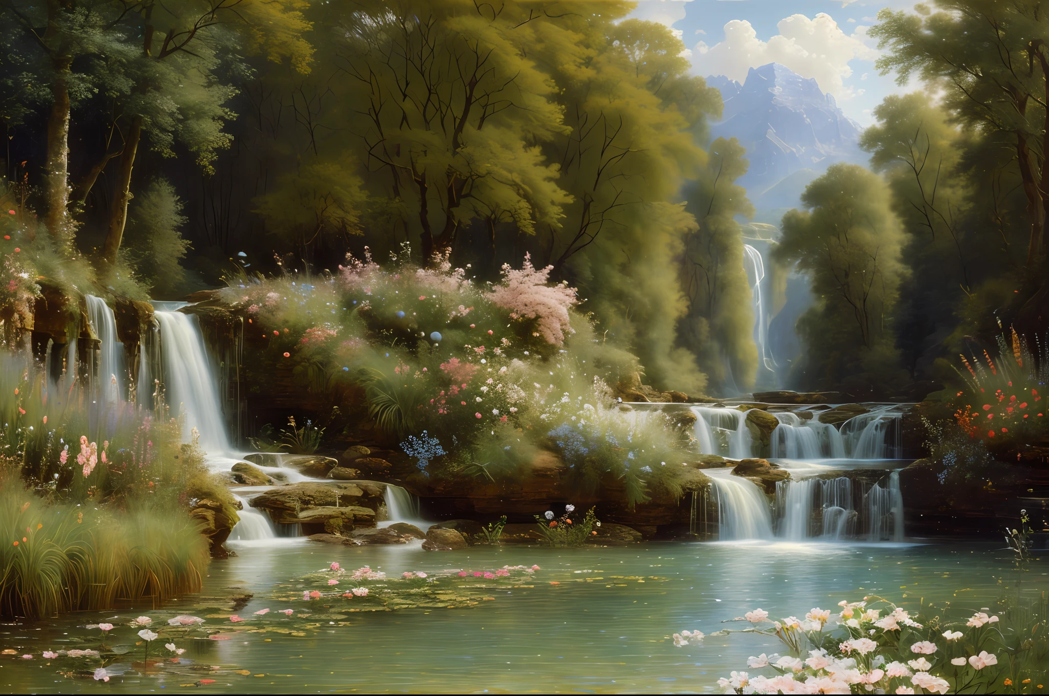 landscape, water, (extremely detailed CG 8k unit wallpaper), world's most beautiful artwork, professional majestic oil painting, complex, high detail, sharp focus, dramatic, photorealistic painting art, alma tadema style, lots of flowers, crystalline streams