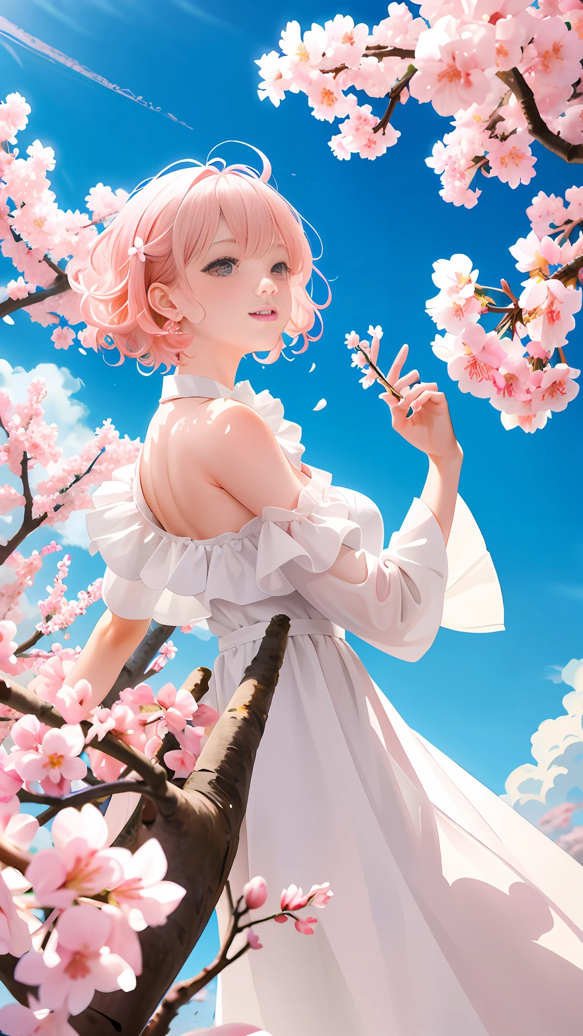 cherry_blossoms, falling_petals, petals, branch, pink_flower, 1girl, blue_sky, spring_\(season\), petals_on_liquid, flower, hanami, dress, Long blond curly hair, solo, day, sky, short_hair, outdoors, cloud, bangs, smile, pink_eyes, white_dress, bare_shoulders, earrings, breasts, holding_flower, wind, tree, looking_at_viewer,cowboy shot,