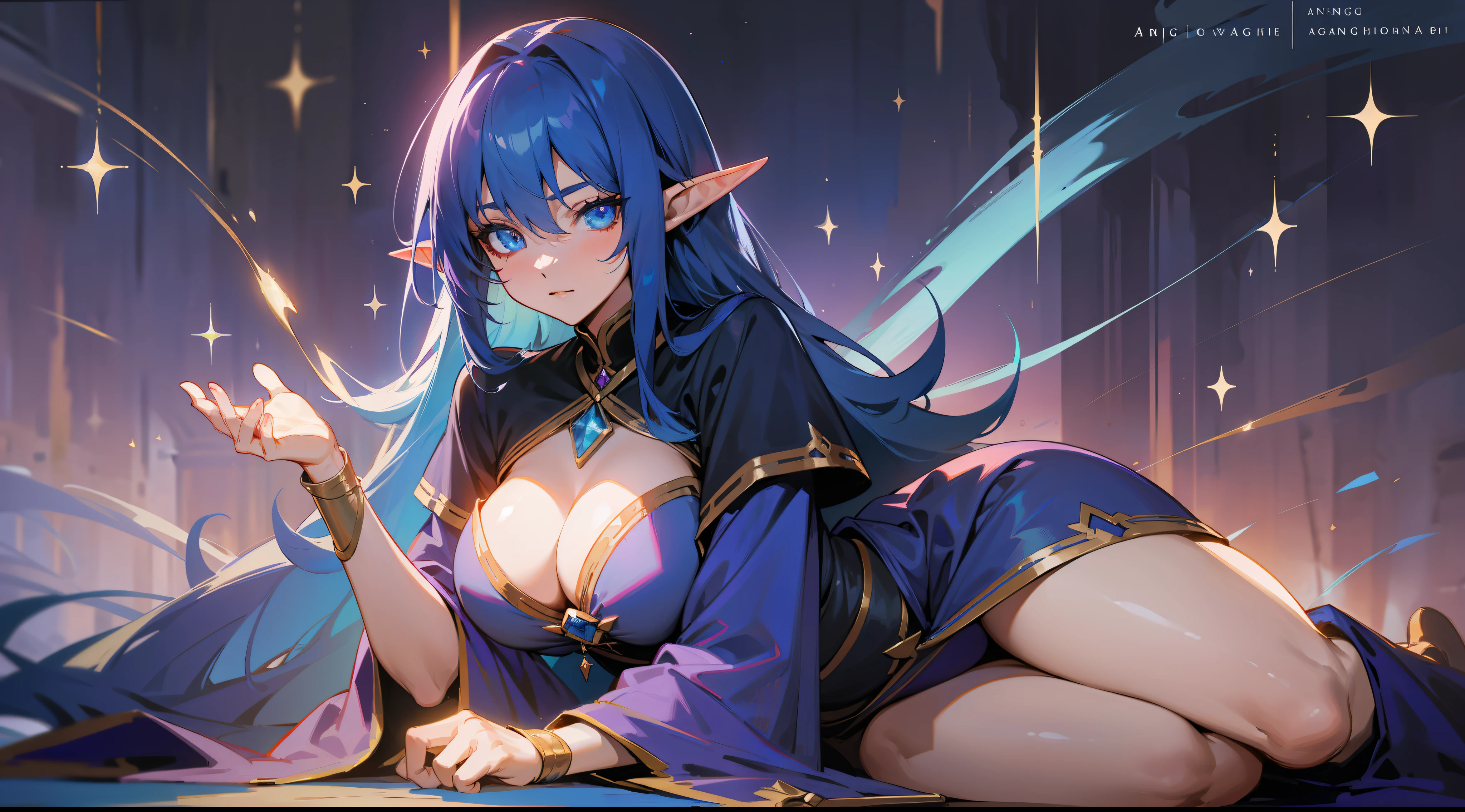 an elf mage, long dark blue hair, bangs, large breasts, exposed thighs, hair between eyes, heroic posture, blue eyes, full body, dark blue and purple robe, confident, fantasy, medieval, magic, night, glitter
