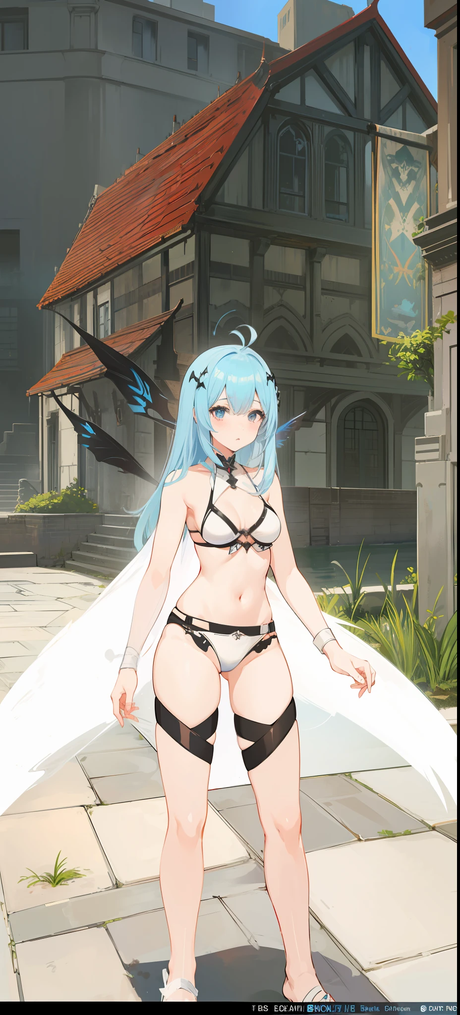 anime girl in a bikini and stockings standing in front of a building, rem rezero, she has pale blue skin!!!, freezing blue skin, pale blue armor, in-game, in - game, azur lane style, <mmorpgs scene, an ahoge stands up on her head, ingame image, infernal nymph!!!, bikini-armor