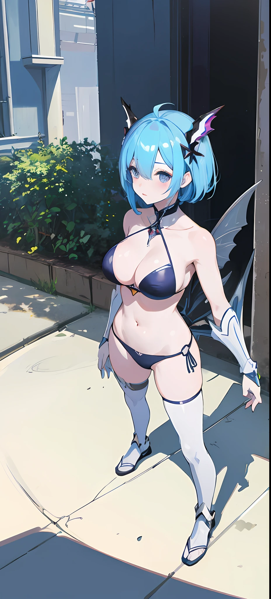 anime girl in a bikini and stockings standing in front of a building, rem rezero, she has pale blue skin!!!, freezing blue skin, pale blue armor, in-game, in - game, azur lane style, <mmorpgs scene, an ahoge stands up on her head, ingame image, infernal nymph!!!, bikini-armor