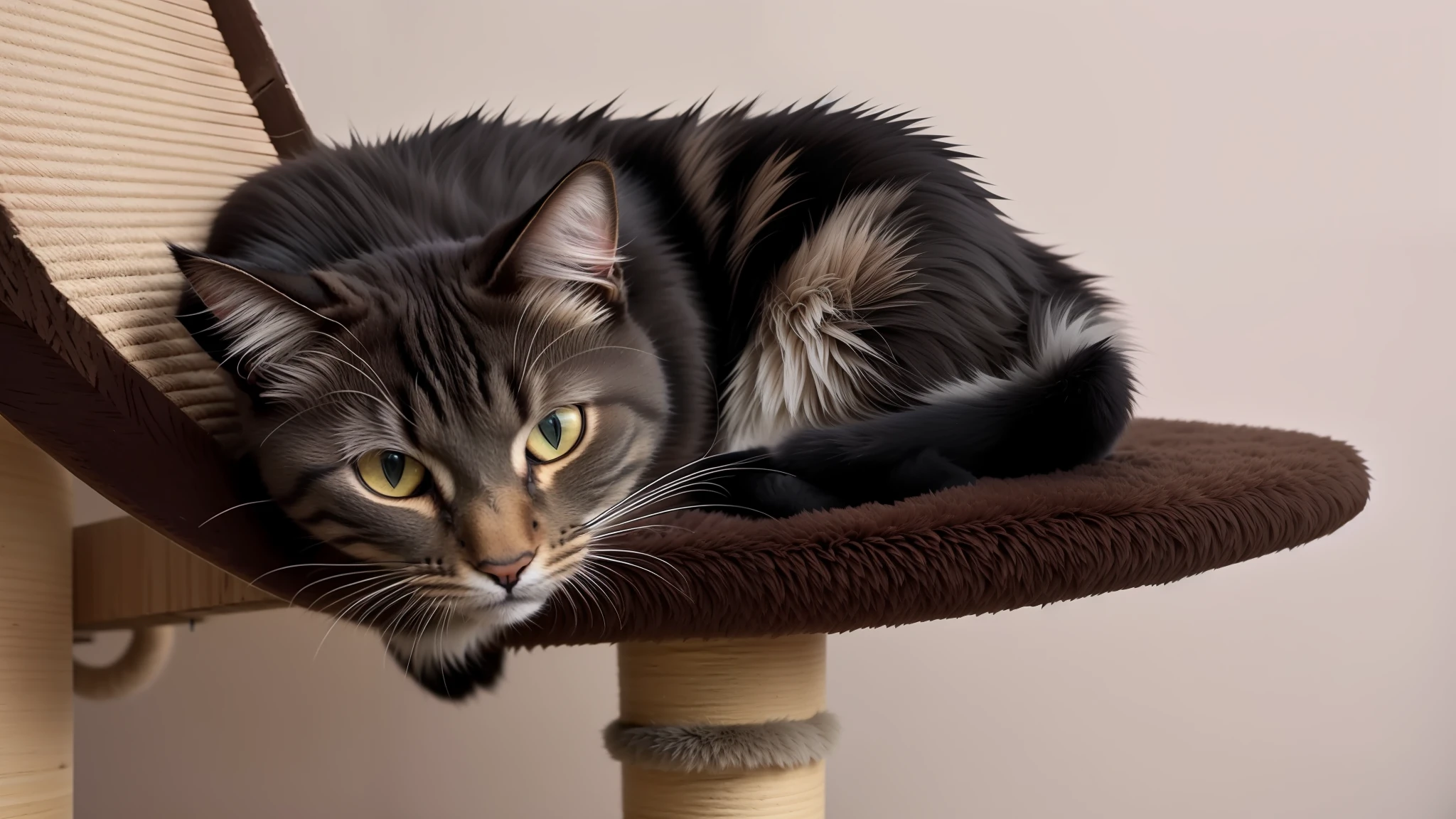 there is a cat that is laying on a cat tree, scratching post, cat tower, taken with sony alpha 9, resting on his throne, deep in thought, scratching head, perched on intricate throne, looking content, an artistic pose, photo of a cat, in a menacing pose, doing a sassy pose, proud looking, looking tired, doing a majestic pose