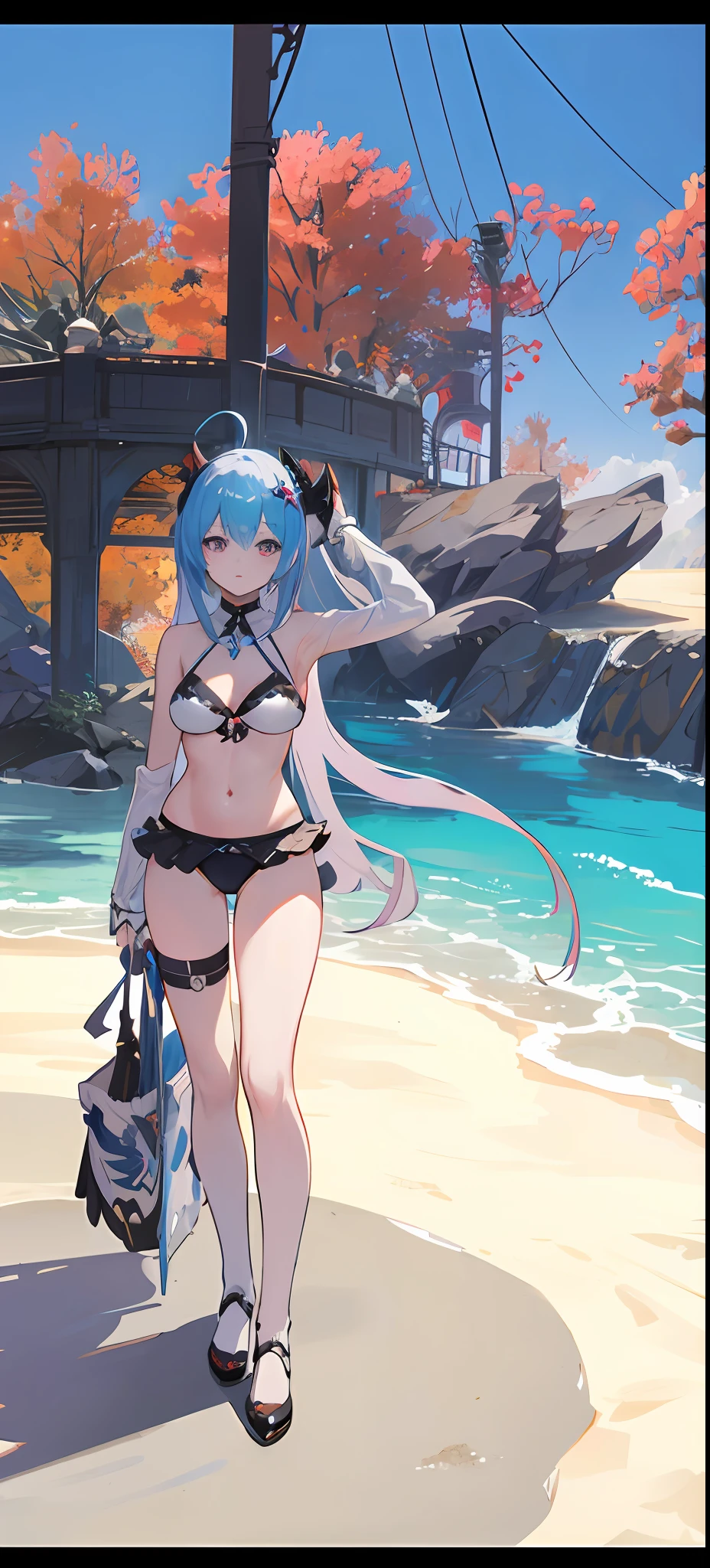 anime girl in a bikini and stockings standing in front of a building, rem rezero, she has pale blue skin!!!, freezing blue skin, pale blue armor, in-game, in - game, azur lane style, <mmorpgs scene, an ahoge stands up on her head, ingame image, infernal nymph!!!, bikini-armor