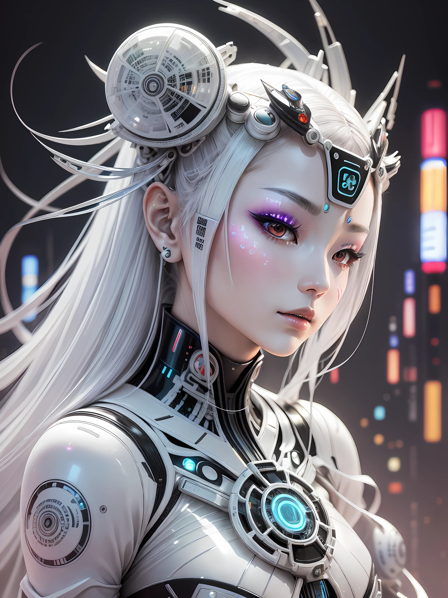 A photograph of Japanese female android made of transparent glass, white and silver plastic, geisha makeup and hairstyle, silver metal internal mechanisms, dynamic pose, flowing organic construction, detailed designs, glowing colorful circuitry, colorful neon trim, art by H.R. Giger, Greg Rutowski