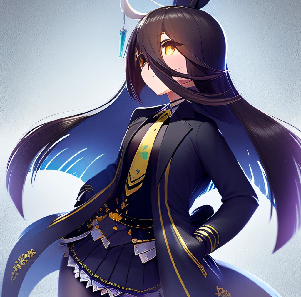 manhattan cafe \(umamusume\), hand in pocket, black gloves, yellow necktie, black coat, black pantyhose, pleated skirt, black shirt, long sleeves, holding can, collared shirt, cowboy shot, black skirt, open clothes, closed mouth, holding cup, grey background, coffee, black choker, black vest, belt, looking to the side