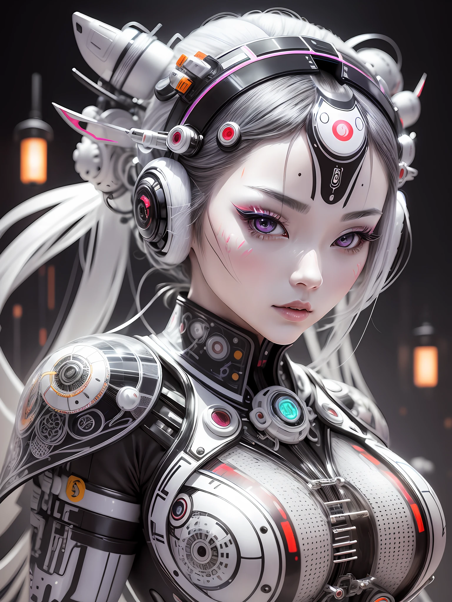 A photograph of Japanese female android made of transparent glass, white and silver plastic, geisha makeup and hairstyle, silver metal internal mechanisms, dynamic pose, flowing organic construction, detailed designs, glowing colorful circuitry, colorful neon trim, art by H.R. Giger, Greg Rutowski