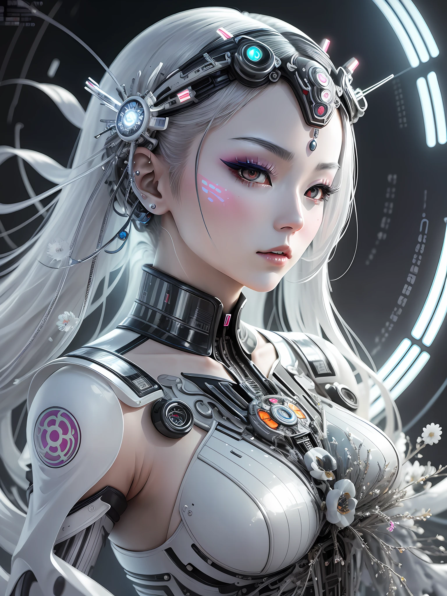 A photograph of Japanese female android made of transparent glass, white and silver plastic, geisha makeup and hairstyle, silver metal internal mechanisms, dynamic pose, flowing organic construction, detailed designs, glowing colorful circuitry, colorful neon trim, art by H.R. Giger, Greg Rutowski